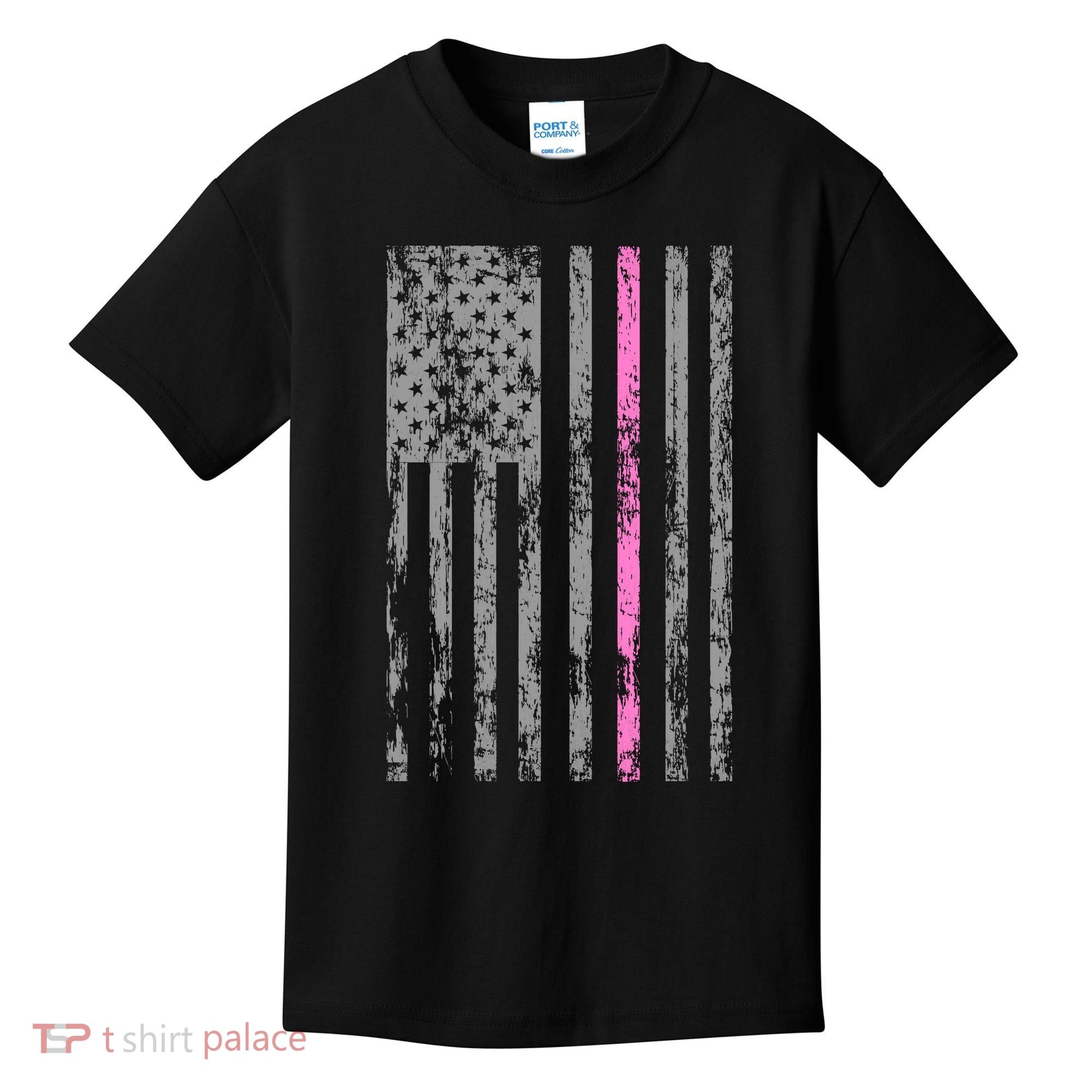 Retro Pink Thin Line Breast Cancer Awareness USA Flag Kids T-Shirt