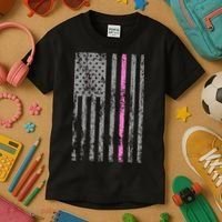 Retro Pink Thin Line Breast Cancer Awareness USA Flag Kids T-Shirt thumb 3