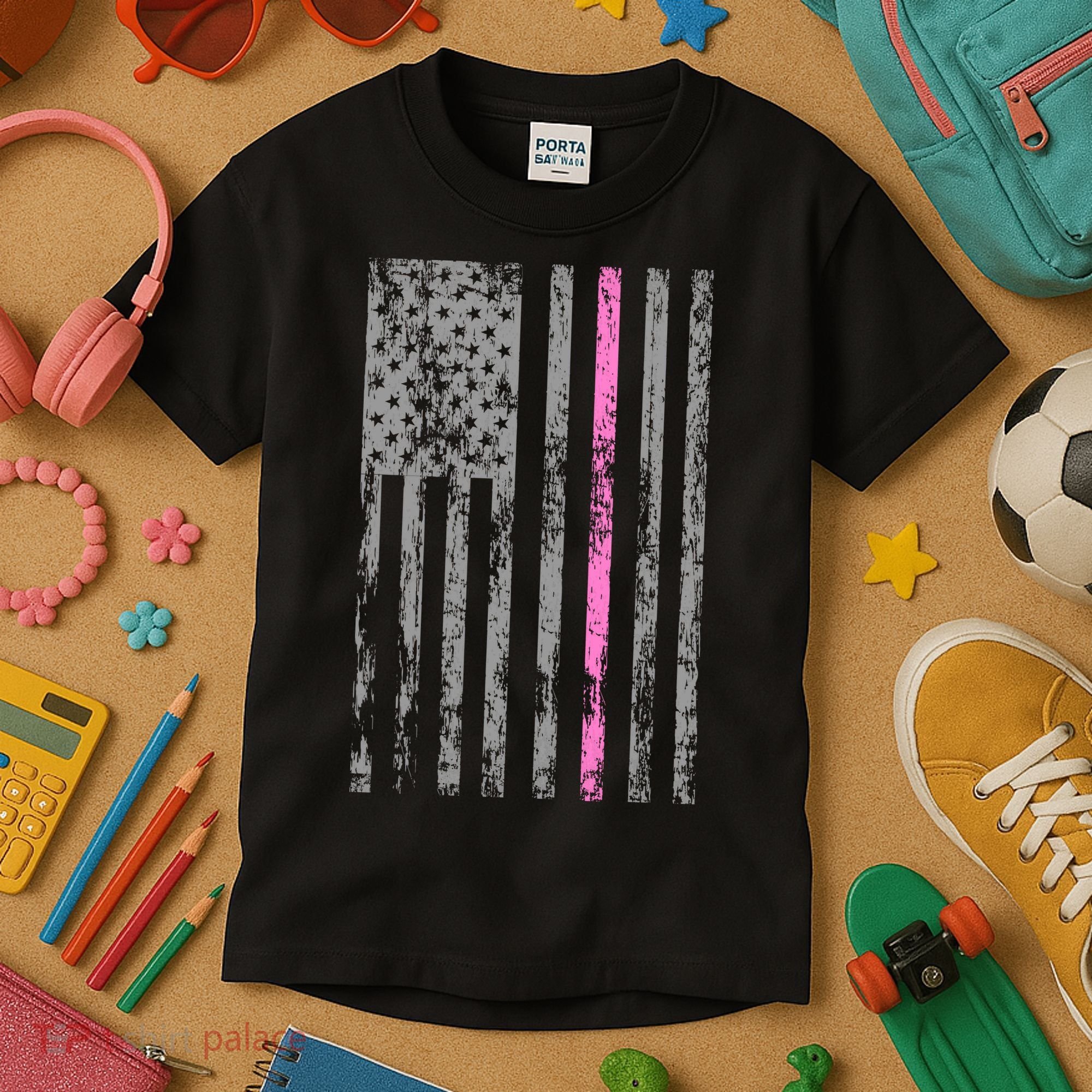 Retro Pink Thin Line Breast Cancer Awareness USA Flag Kids T-Shirt