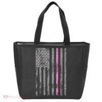 Retro Pink Thin Line Breast Cancer Awareness USA Flag Tote Bag thumb 0