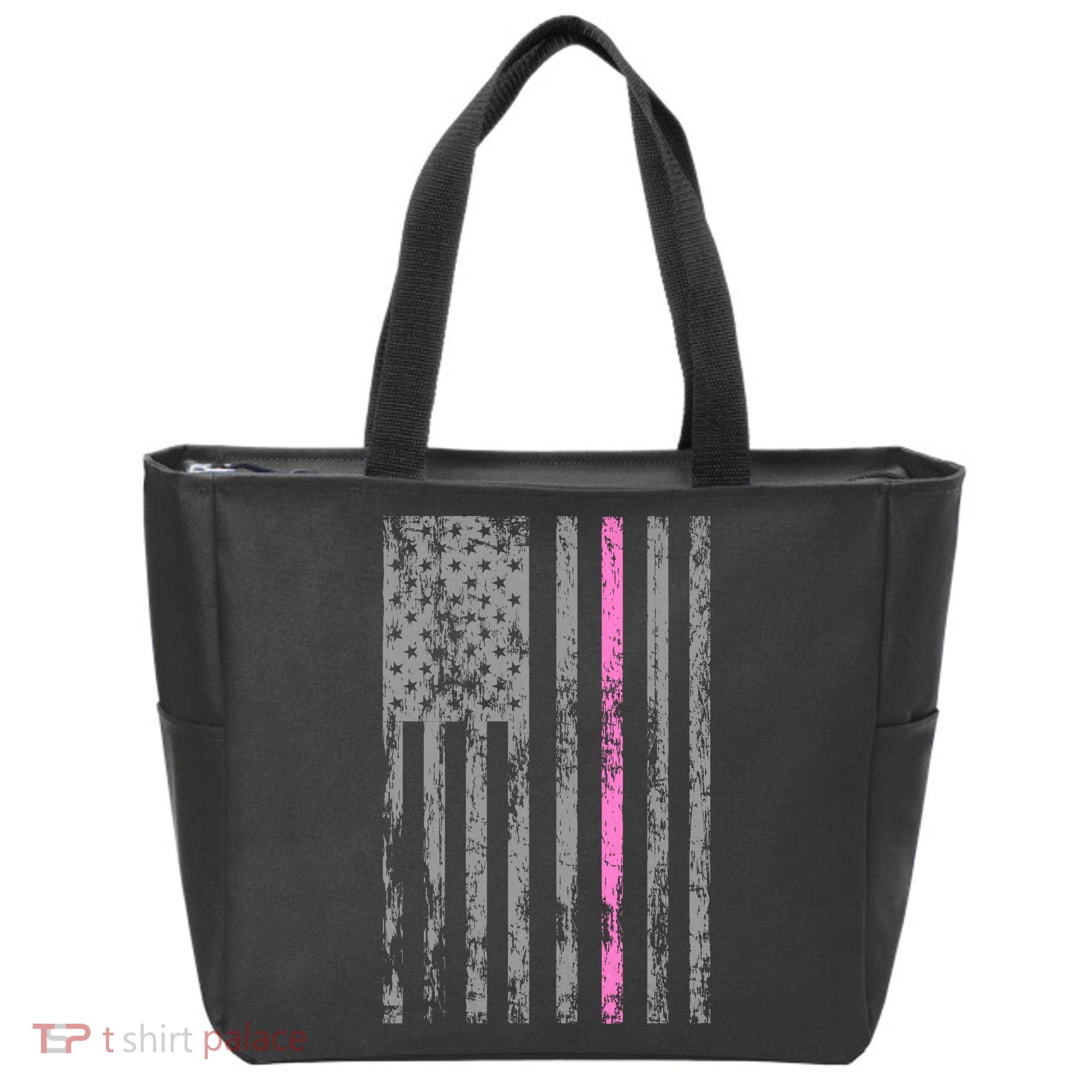 Retro Pink Thin Line Breast Cancer Awareness USA Flag Tote Bag