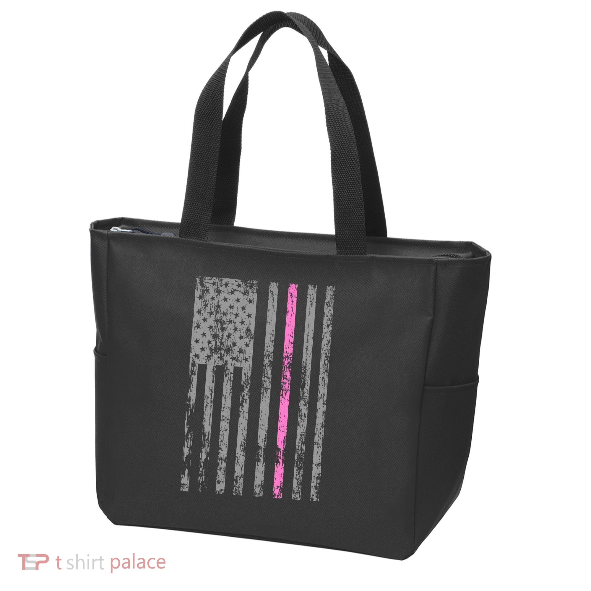 Retro Pink Thin Line Breast Cancer Awareness USA Flag Tote Bag