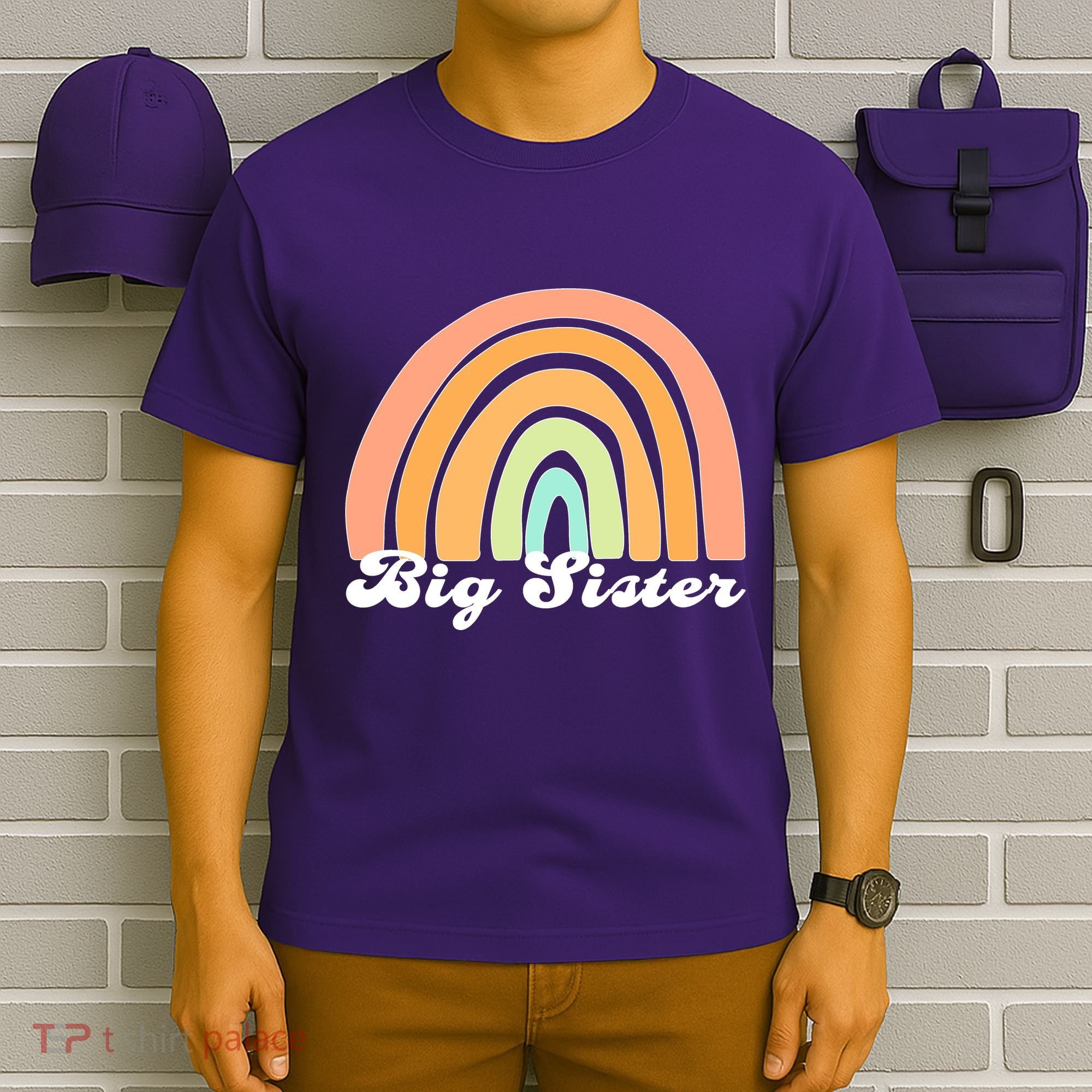 Retro Rainbow Big Sister Sibling Reveal Announcement T-Shirt