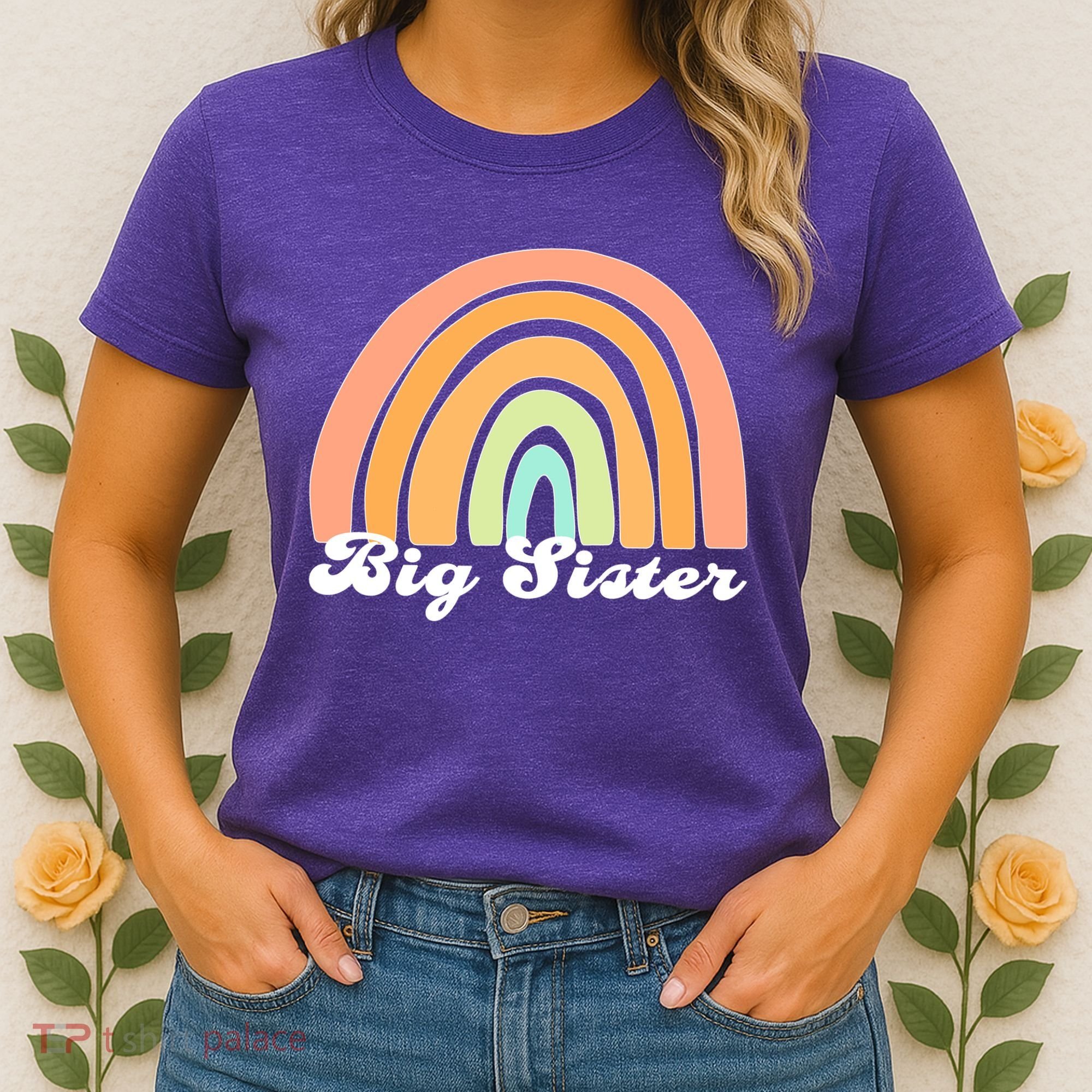 Retro Rainbow Big Sister Sibling Reveal Announcement Women's T-Shirt