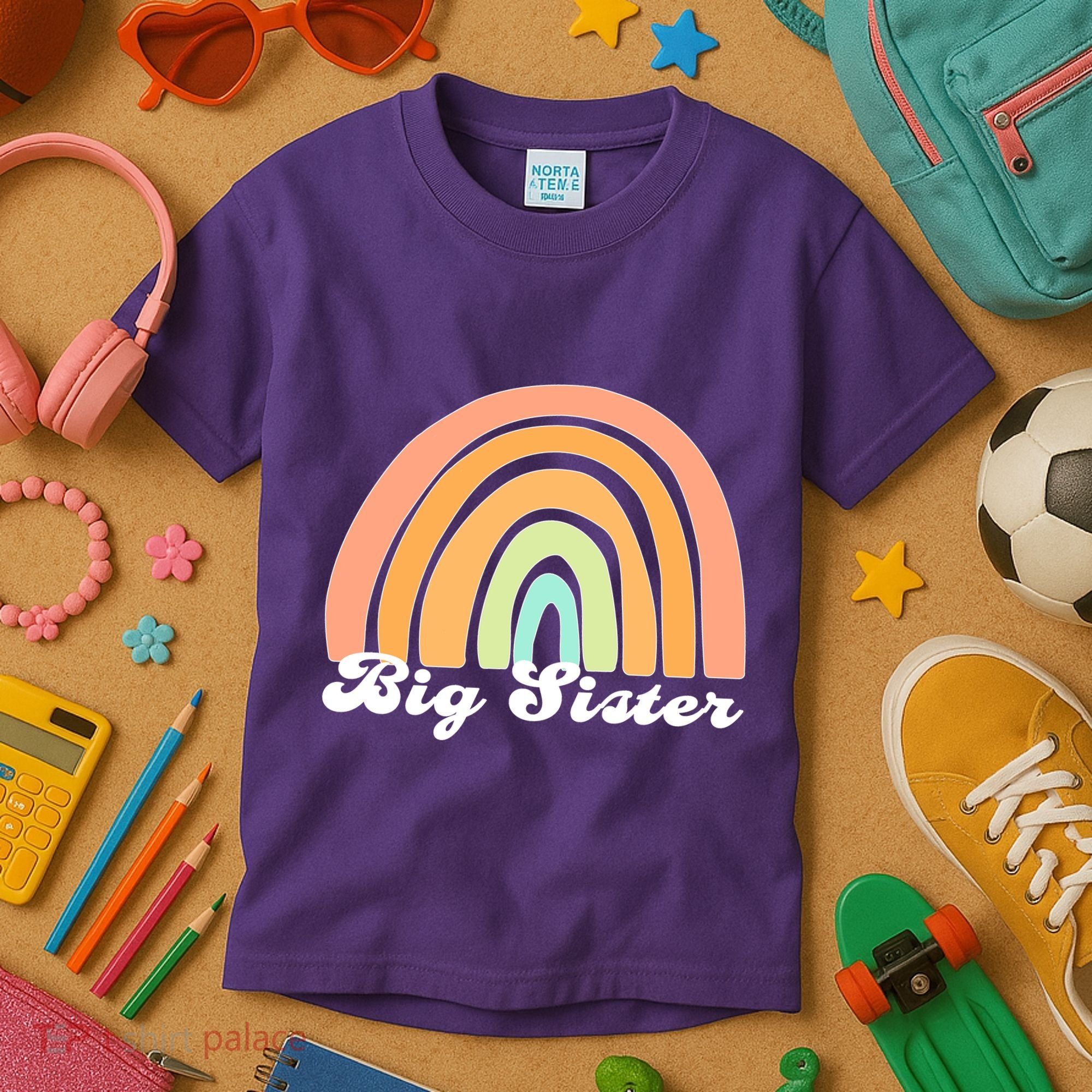 Retro Rainbow Big Sister Sibling Reveal Announcement Kids T-Shirt