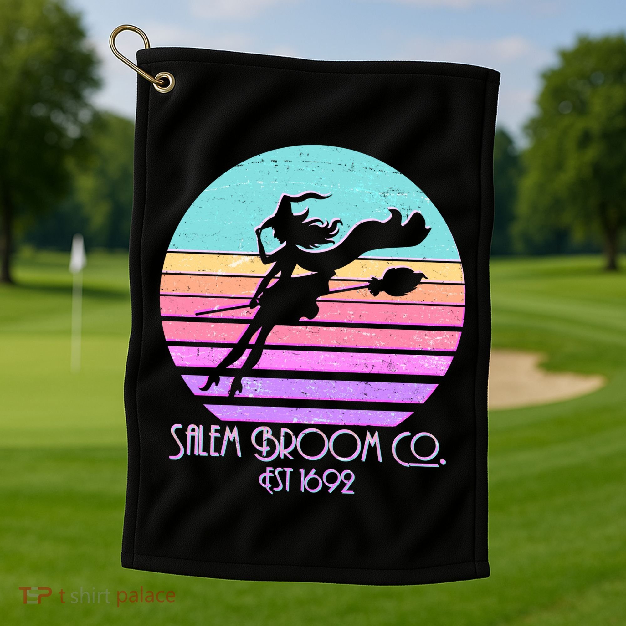 Retro Salem Broom Co. Est 1692 Halloween Golf Towel