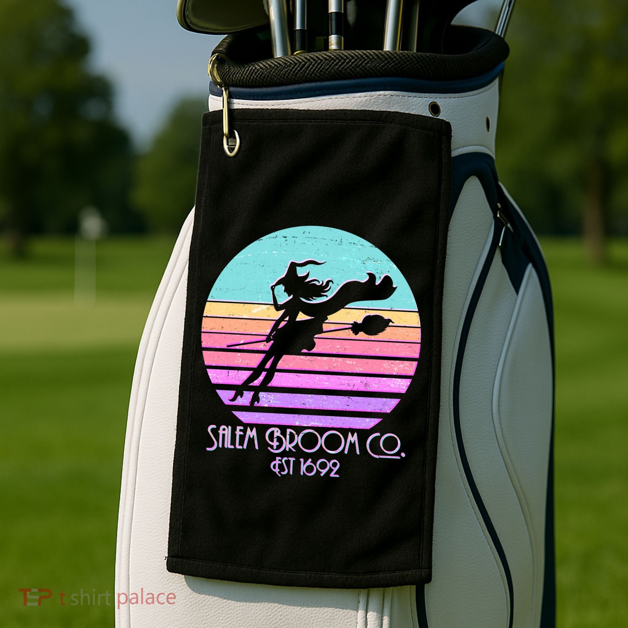 Retro Salem Broom Co. Est 1692 Halloween Golf Towel