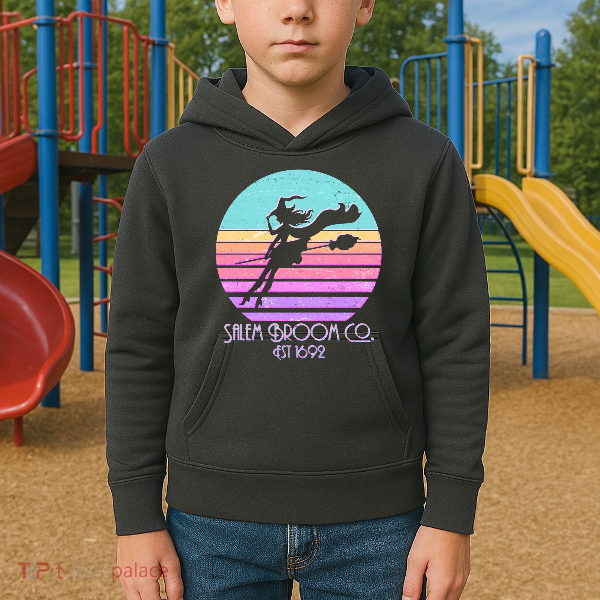 Retro Salem Broom Co. Est 1692 Halloween Kids Hoodie
