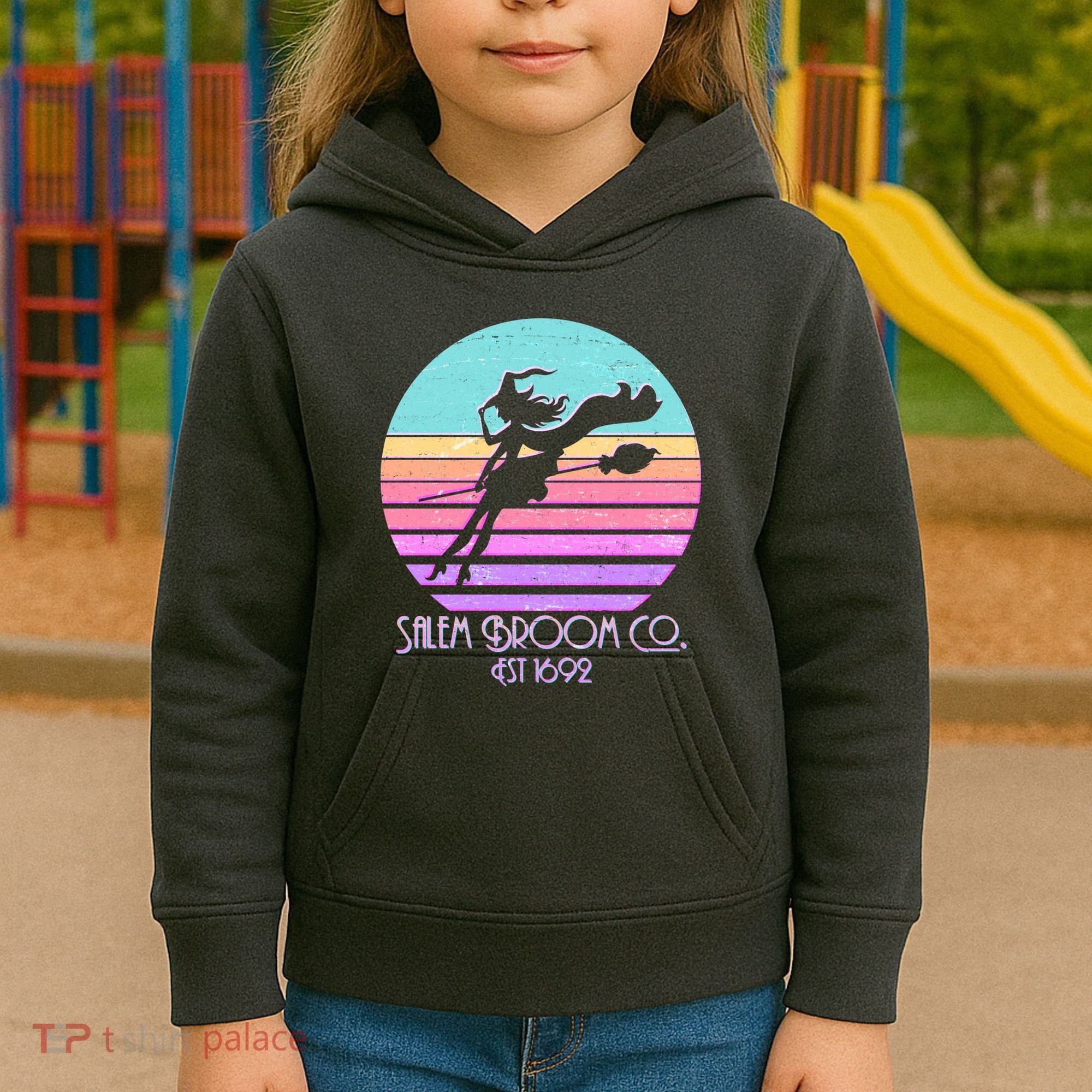 Retro Salem Broom Co. Est 1692 Halloween Kids Hoodie