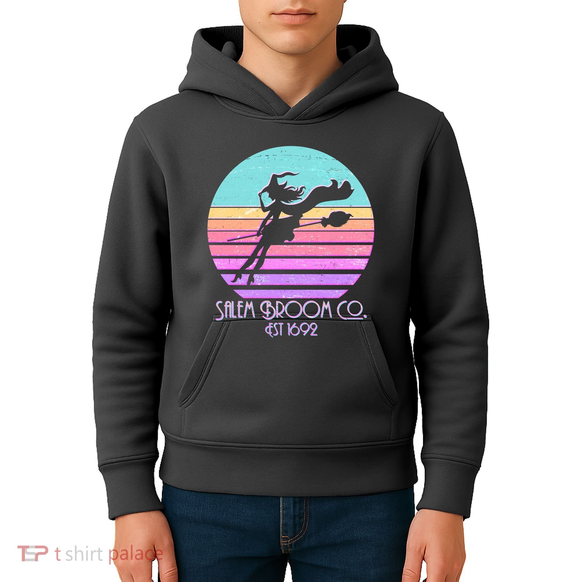 Retro Salem Broom Co. Est 1692 Halloween Kids Hoodie