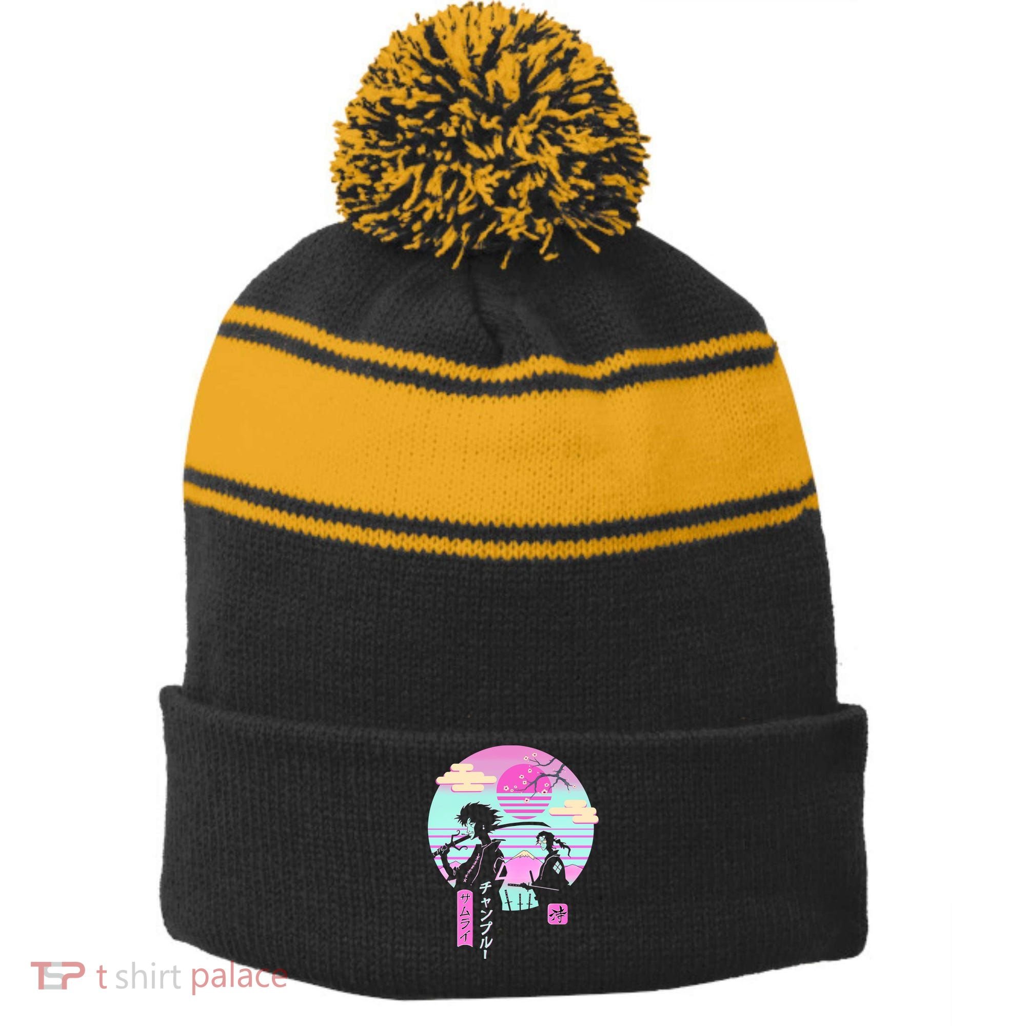 Retro Samurai Chillhop Anime Stripe Pom Pom Beanie