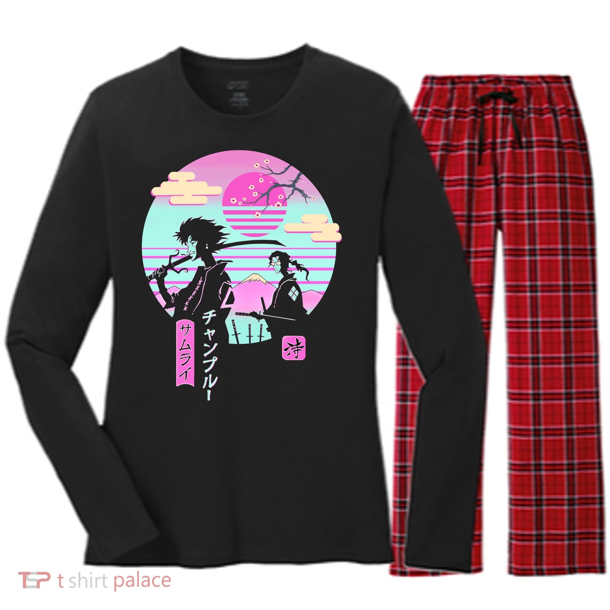 Retro Samurai Chillhop Anime Women's Long Sleeve Flannel Pajama Set 