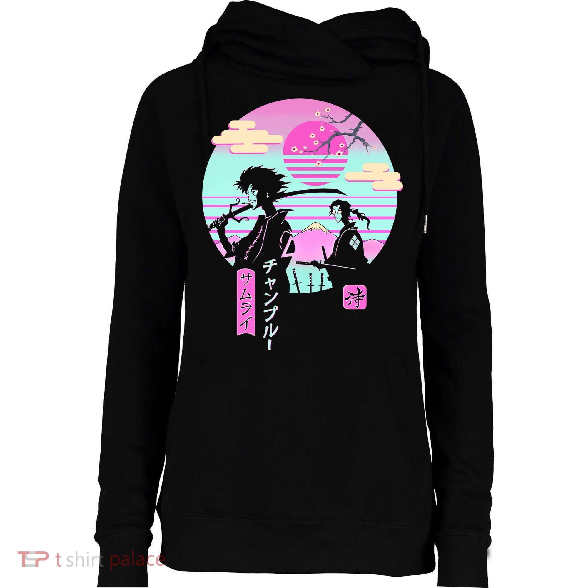 Retro Samurai Chillhop Anime Womens Funnel Neck Pullover Hood