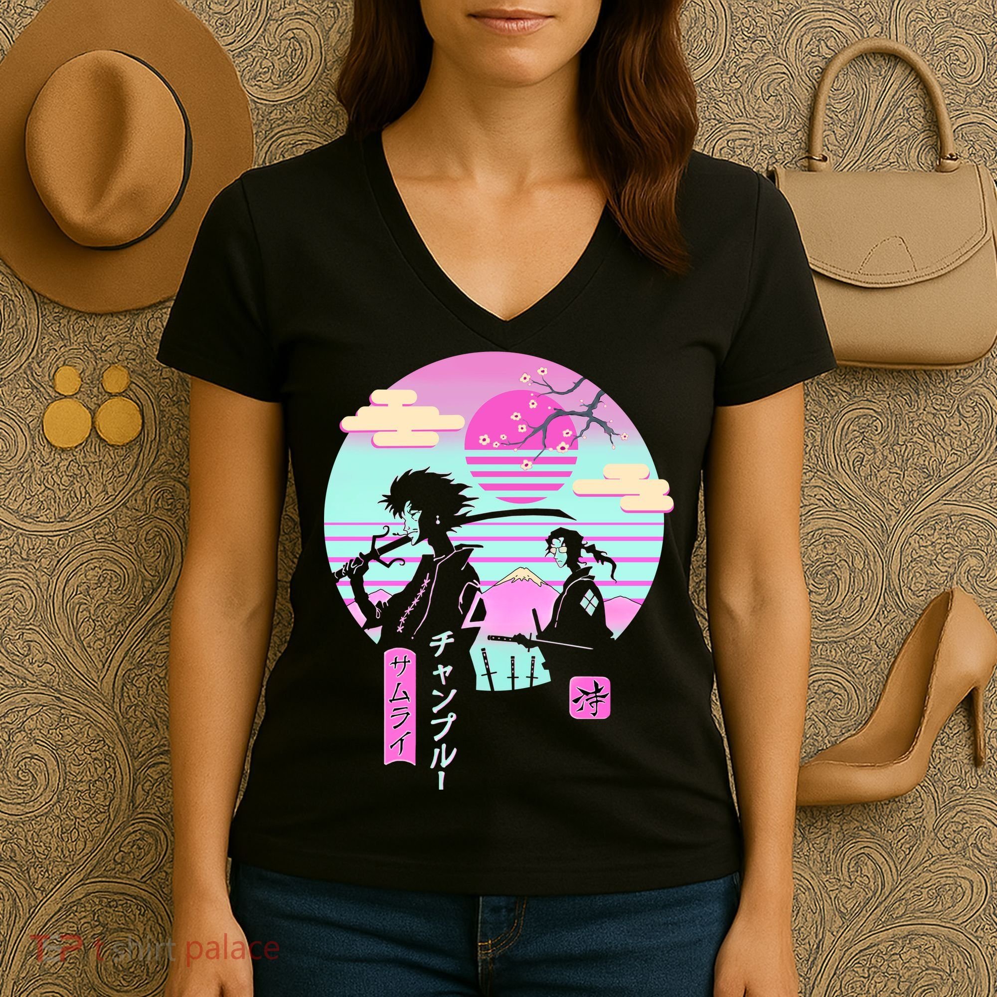 Retro Samurai Chillhop Anime Women's V-Neck T-Shirt