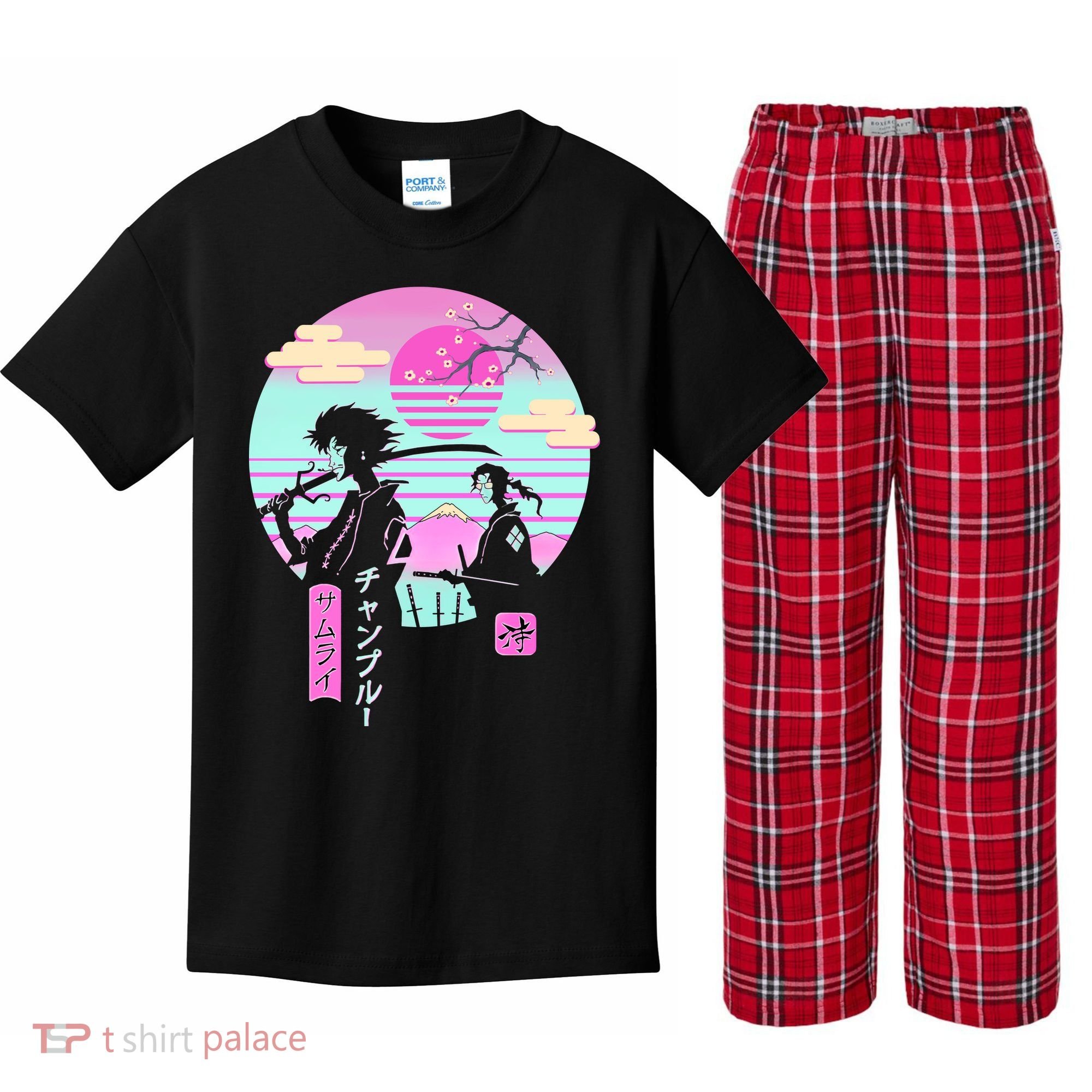 Retro Samurai Chillhop Anime Kids Plaid Pajama Set