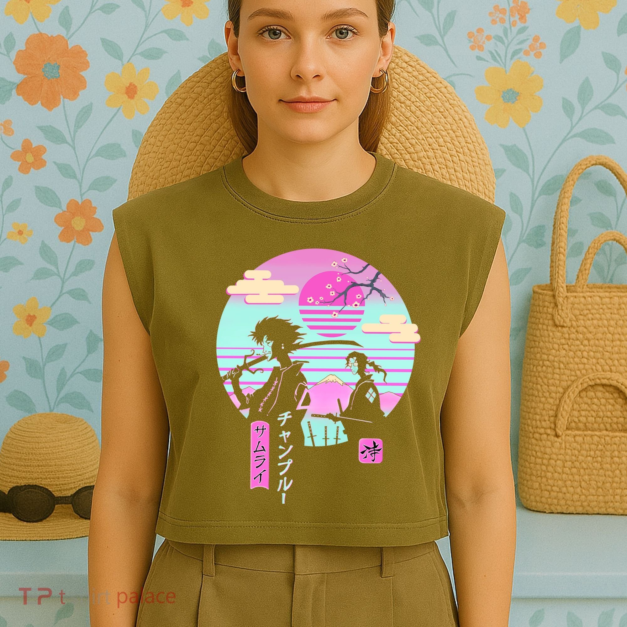 Retro Samurai Chillhop Anime Garment-Dyed Women's Muscle Tee