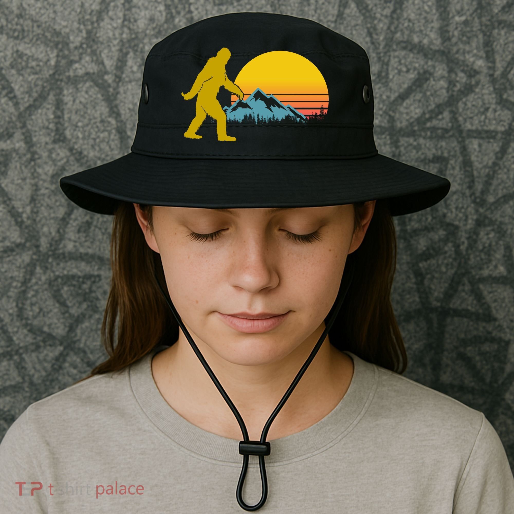 Retro Sasquatch Mountain Sunset Bucket Hat