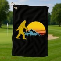 Retro Sasquatch Mountain Sunset Golf Towel thumb 1