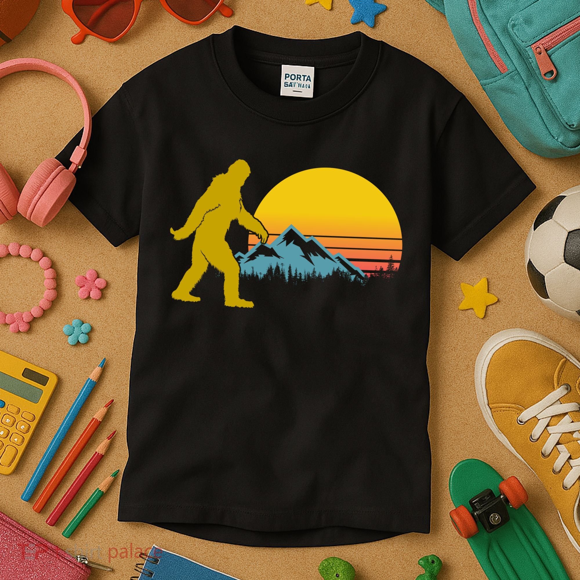 Retro Sasquatch Mountain Sunset Kids T-Shirt