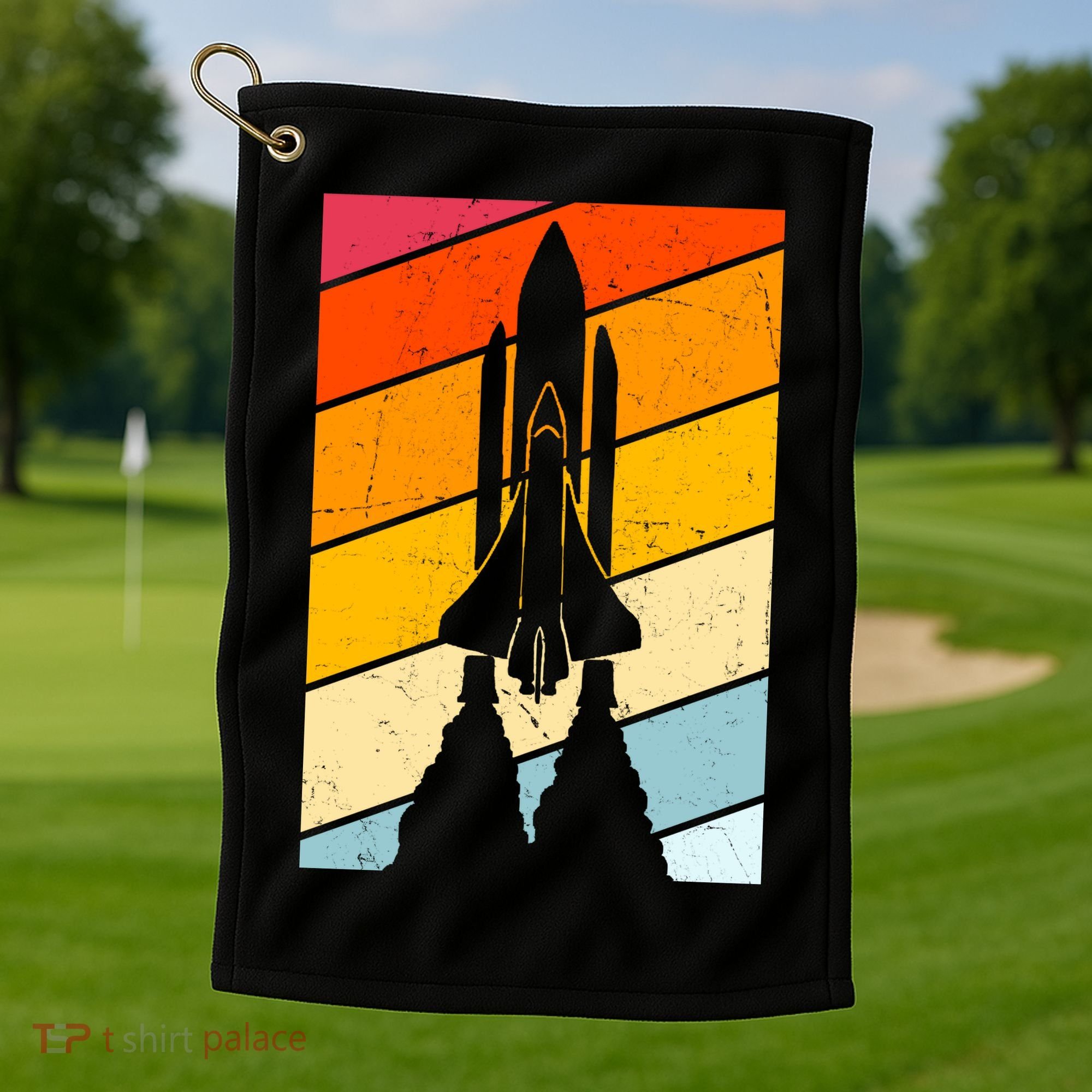 Retro Space Rocket Launch Golf Towel