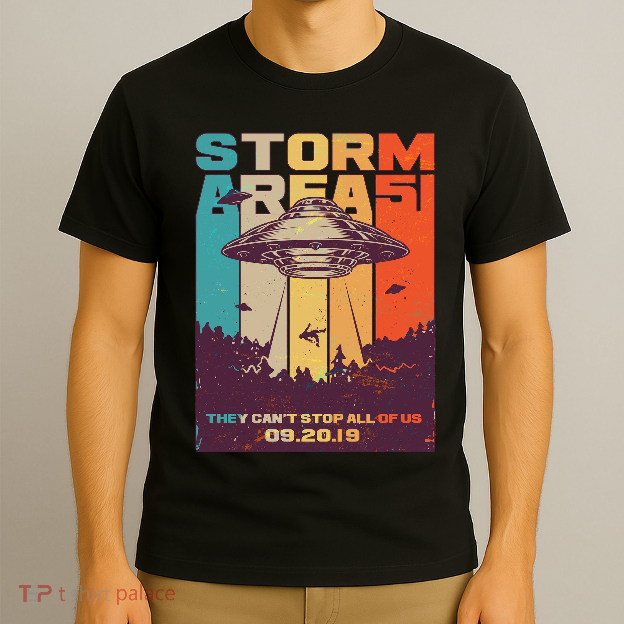 Retro Storm Area 51 UFO They Can't Stop Us All T-Shirt
