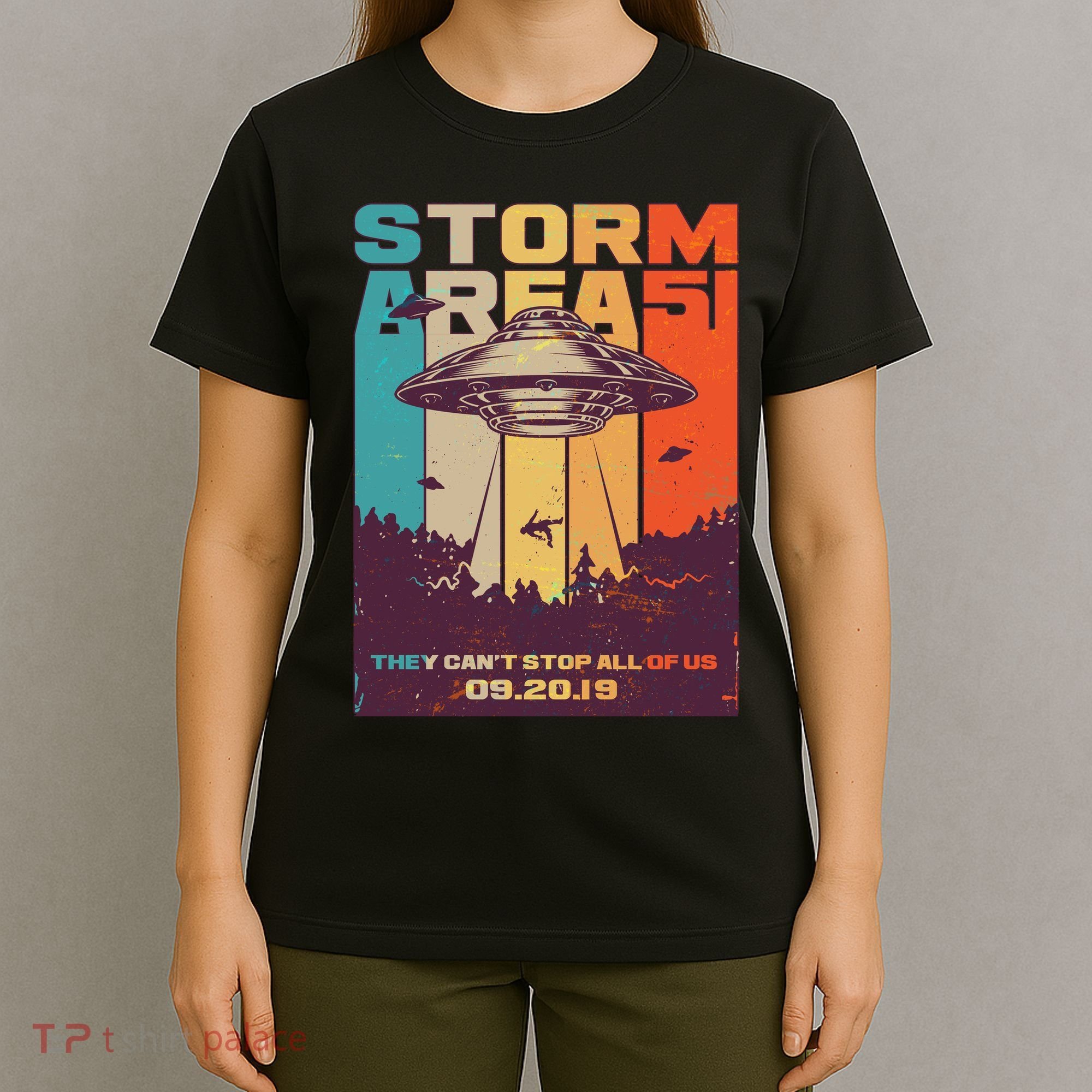 Retro Storm Area 51 UFO They Can't Stop Us All T-Shirt