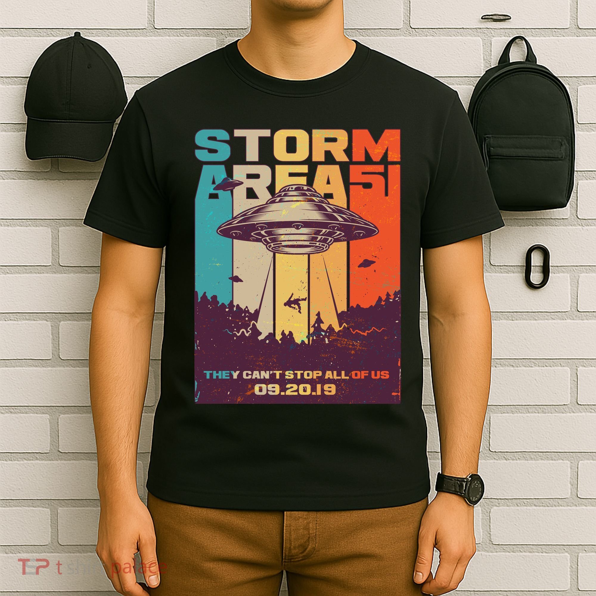 Retro Storm Area 51 UFO They Can't Stop Us All T-Shirt