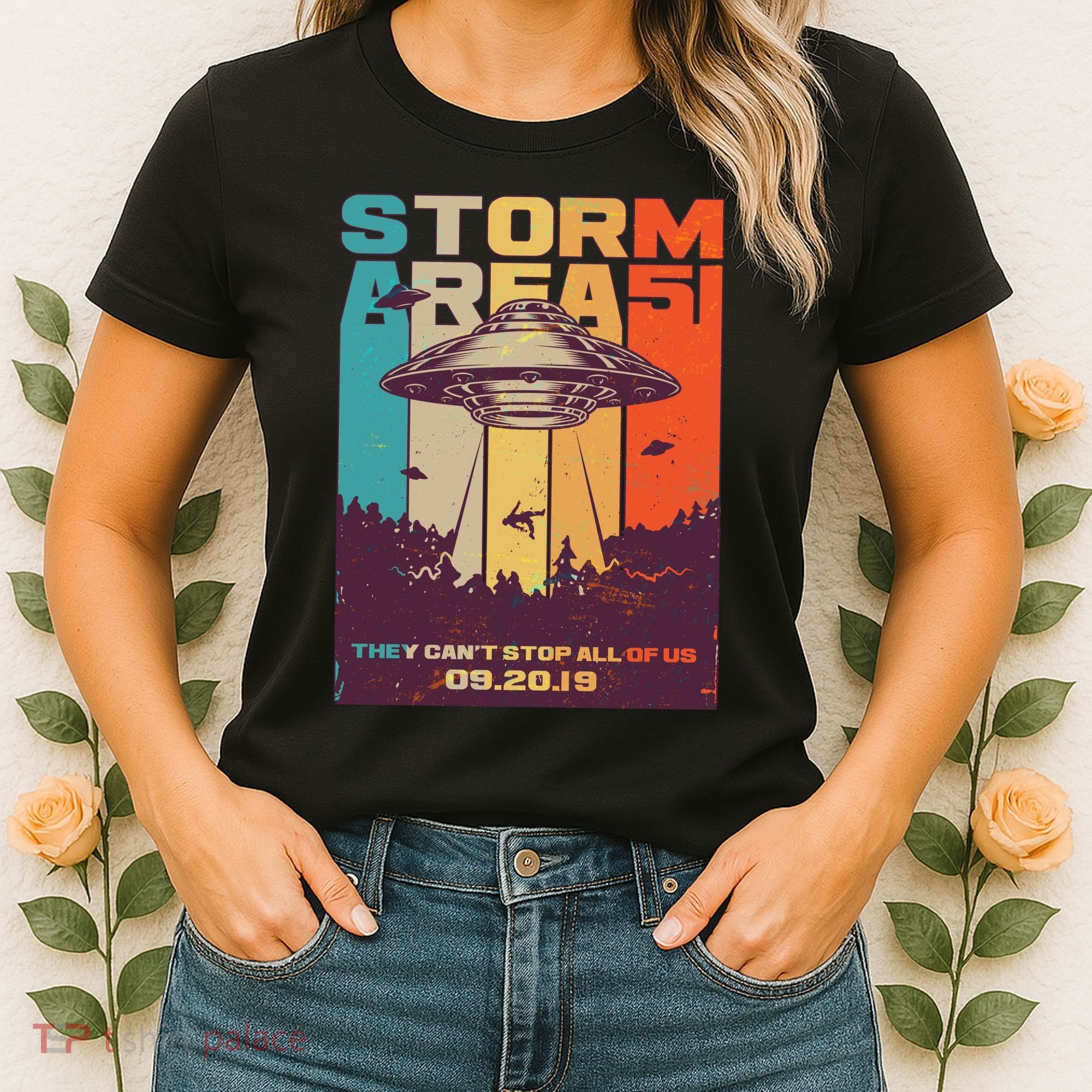 Retro Storm Area 51 UFO They Can't Stop Us All Women's T-Shirt
