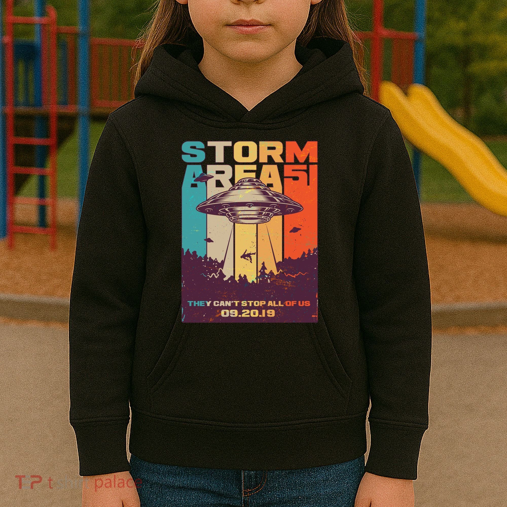 Retro Storm Area 51 UFO They Can't Stop Us All Kids Hoodie
