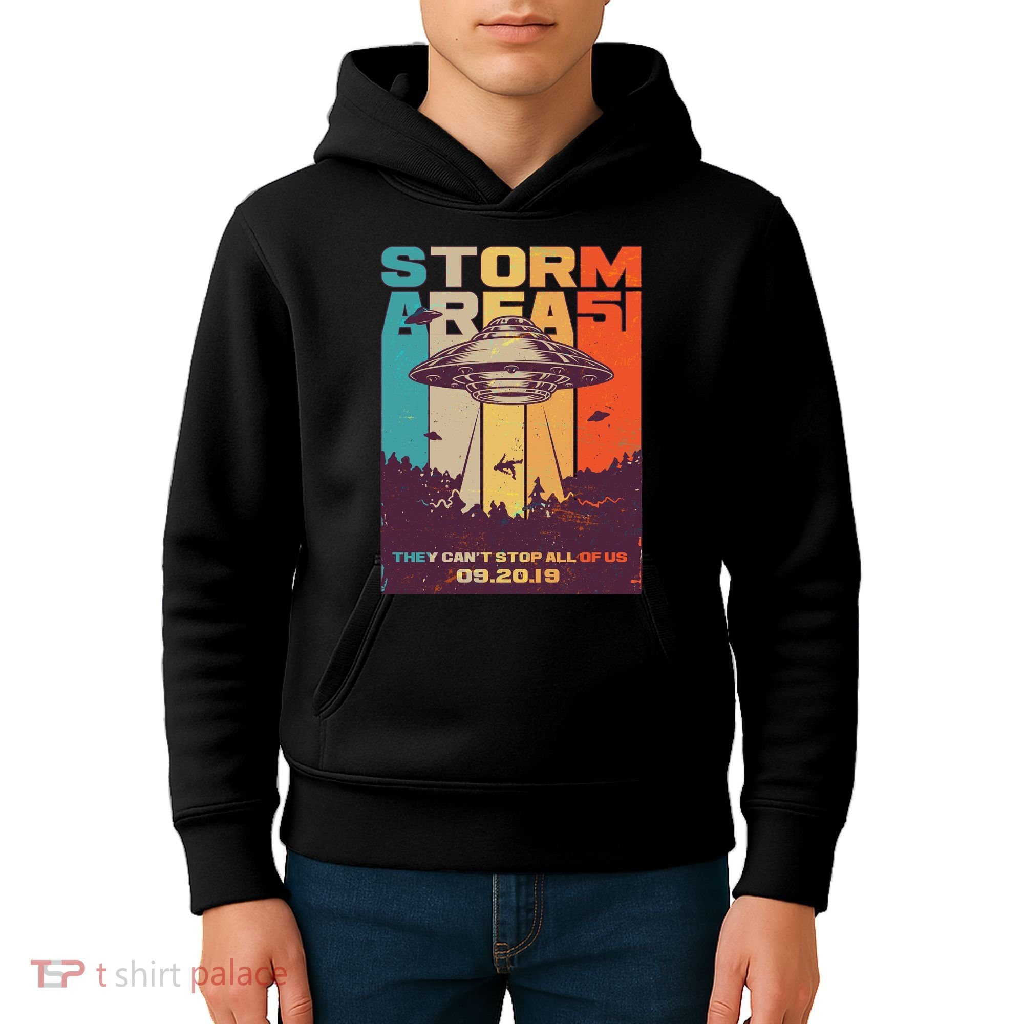 Retro Storm Area 51 UFO They Can't Stop Us All Kids Hoodie