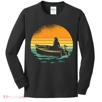 Retro Sunset Boat Kids Long Sleeve Shirt