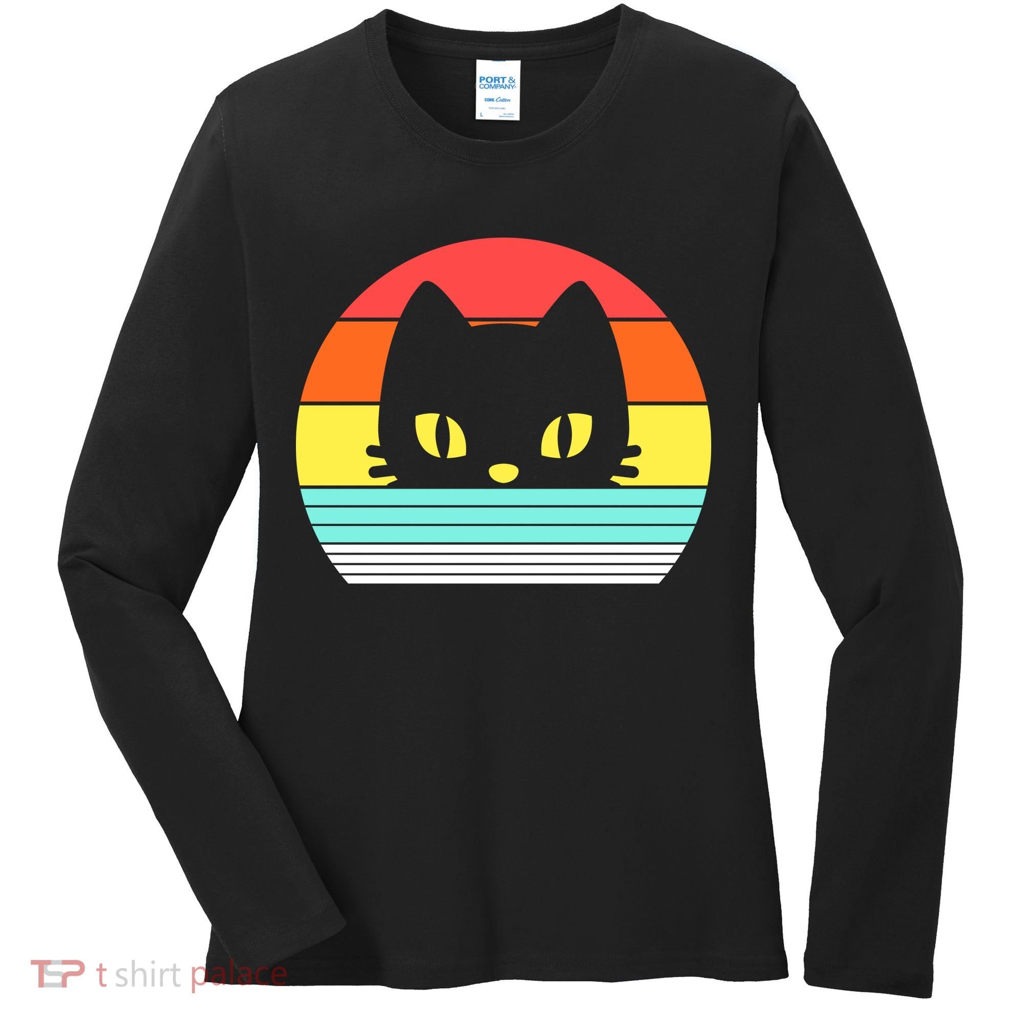Retro Sunset Cat Women's Long Sleeve Shirt