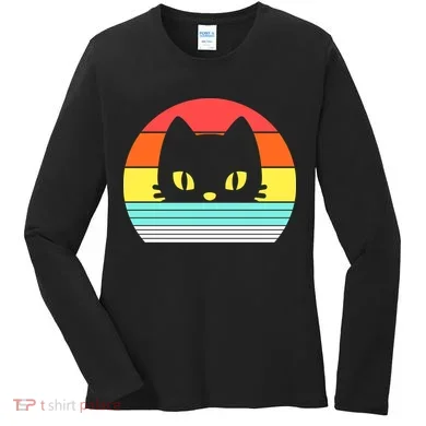 Retro Sunset Cat Women's Long Sleeve Shirt