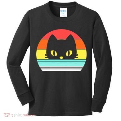 Retro Sunset Cat Kids Long Sleeve Shirt