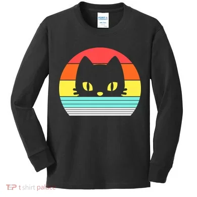 Retro Sunset Cat Kids Long Sleeve Shirt