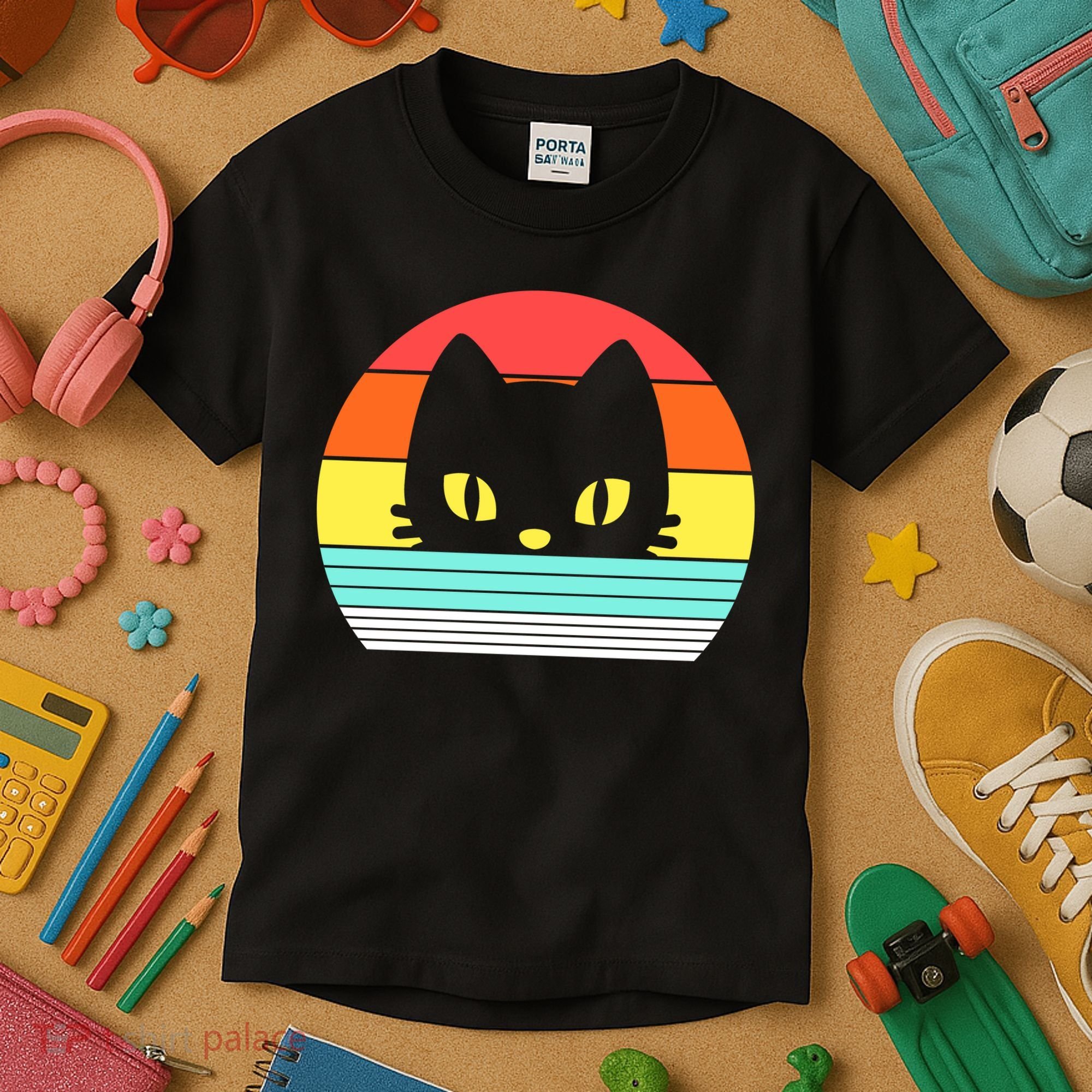 Retro Sunset Cat Kids T-Shirt