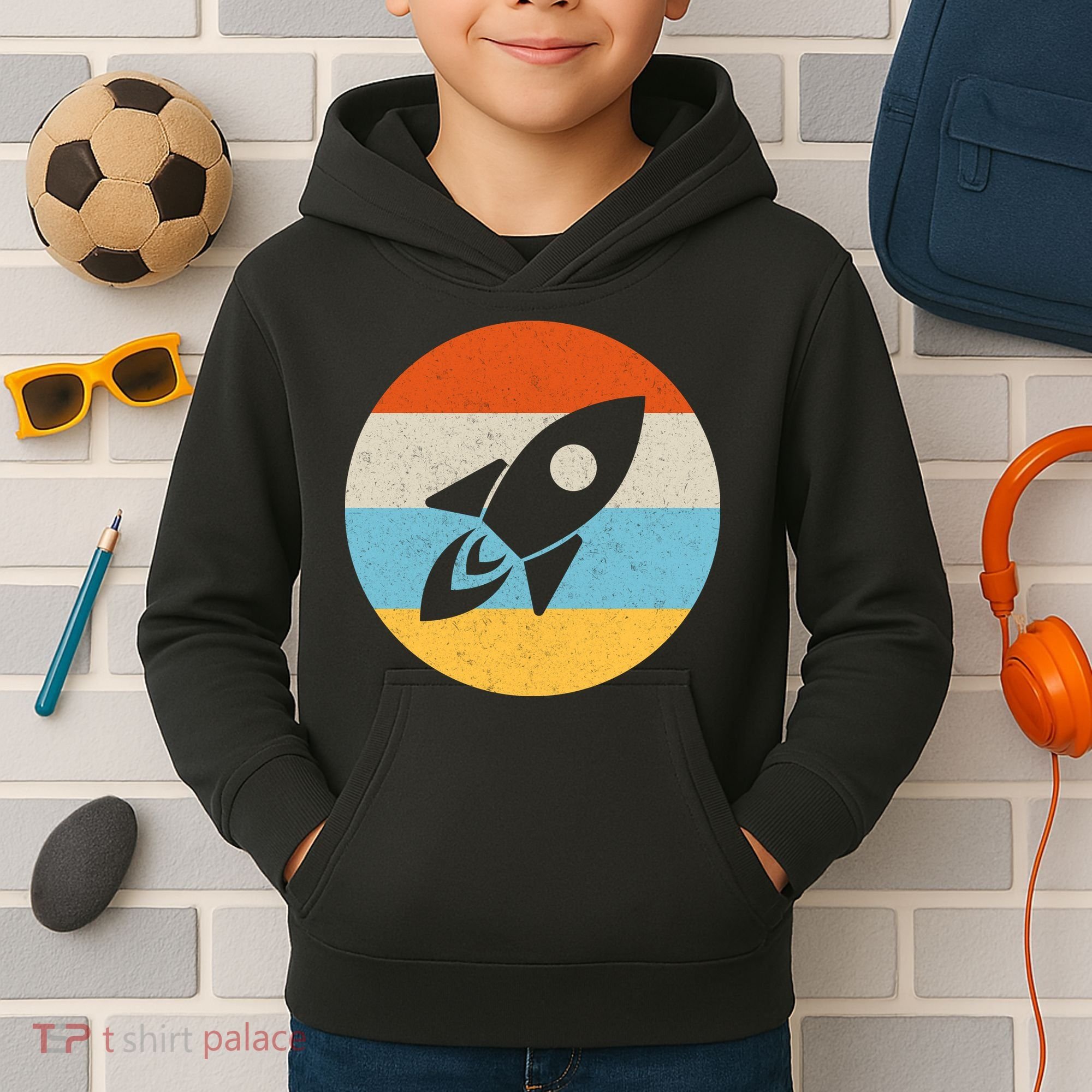 Retro Sunset Spaceship Kids Hoodie