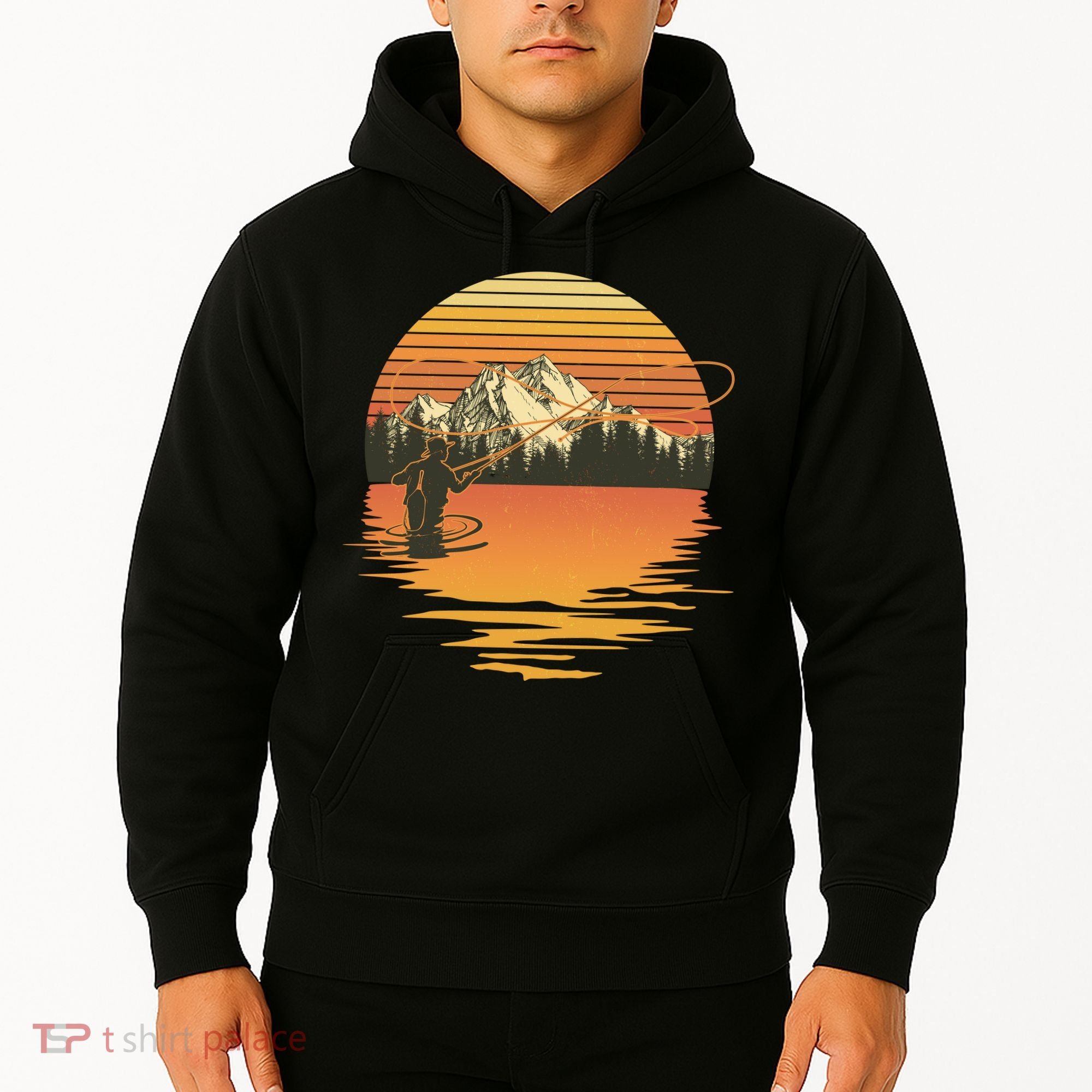 Retro Sunset Sunrise Fly Fisherman Hoodie
