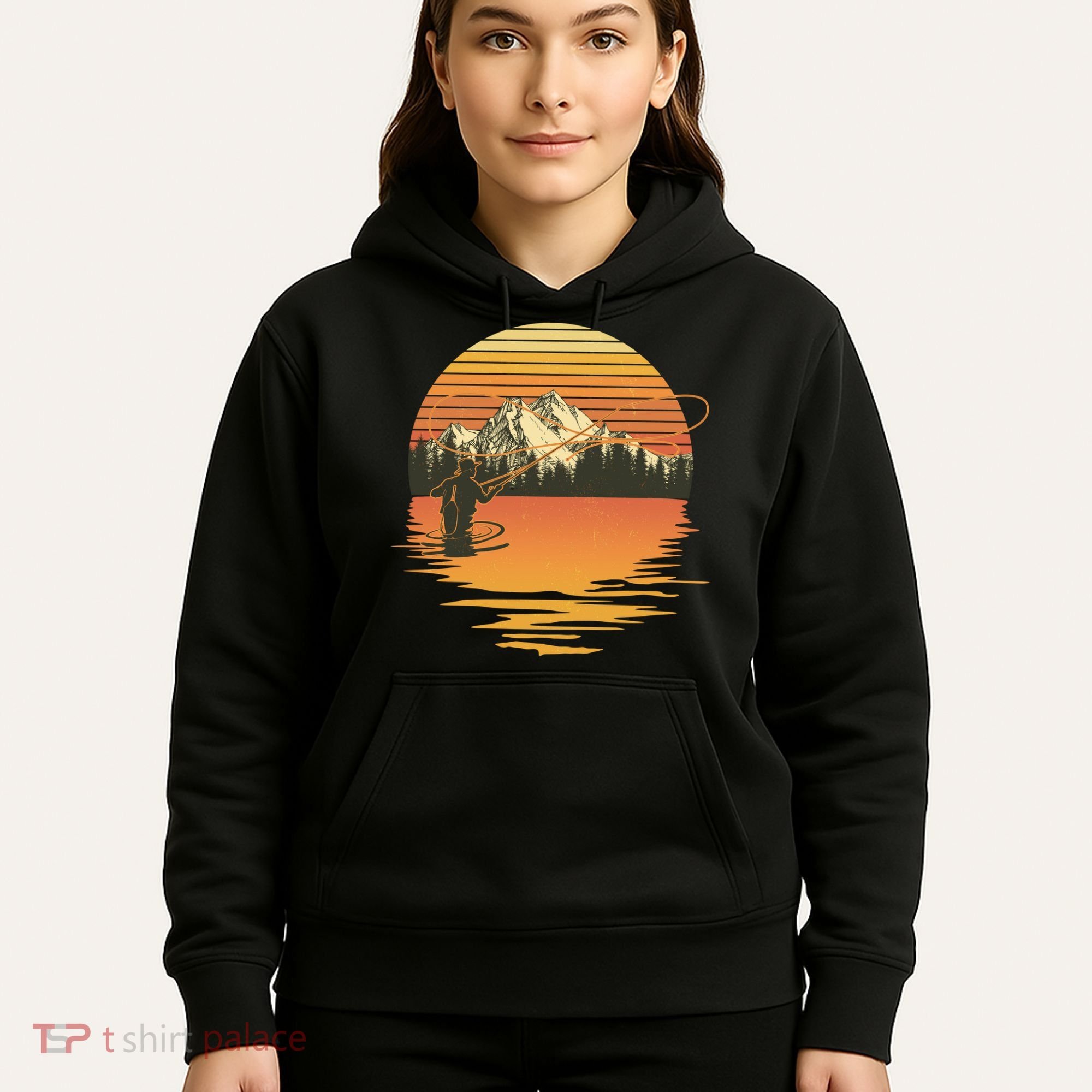 Retro Sunset Sunrise Fly Fisherman Hoodie