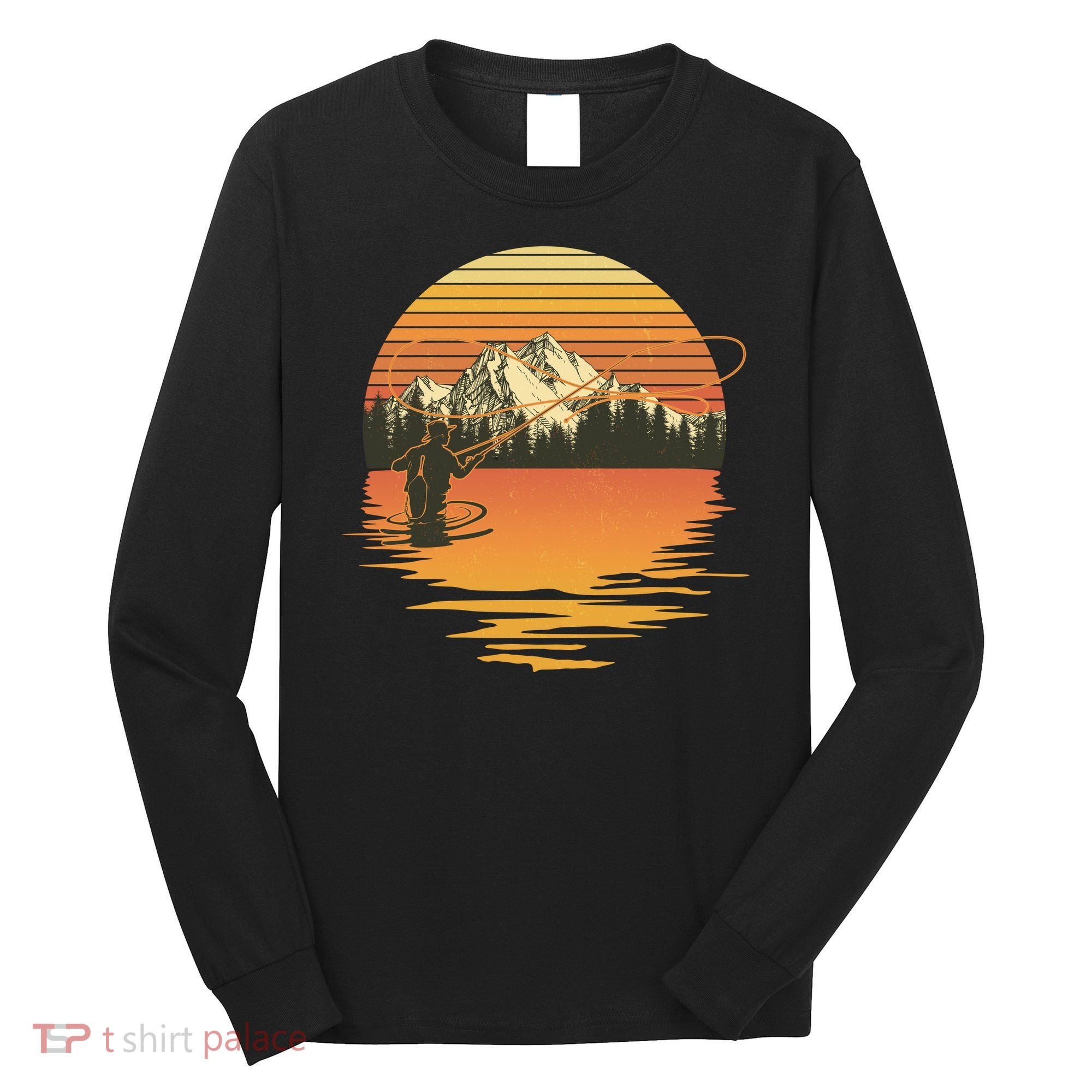 Retro Sunset Sunrise Fly Fisherman Long Sleeve Shirt