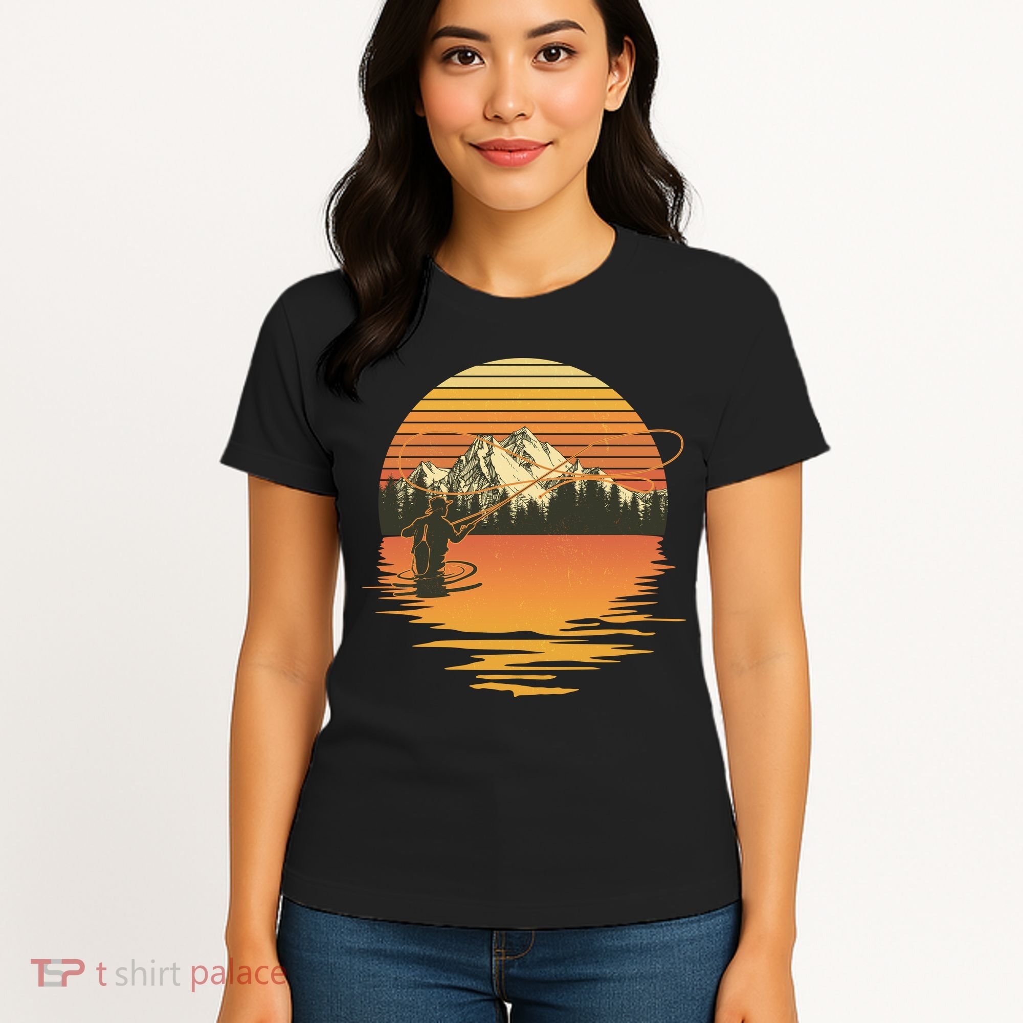 Retro Sunset Sunrise Fly Fisherman Women's T-Shirt