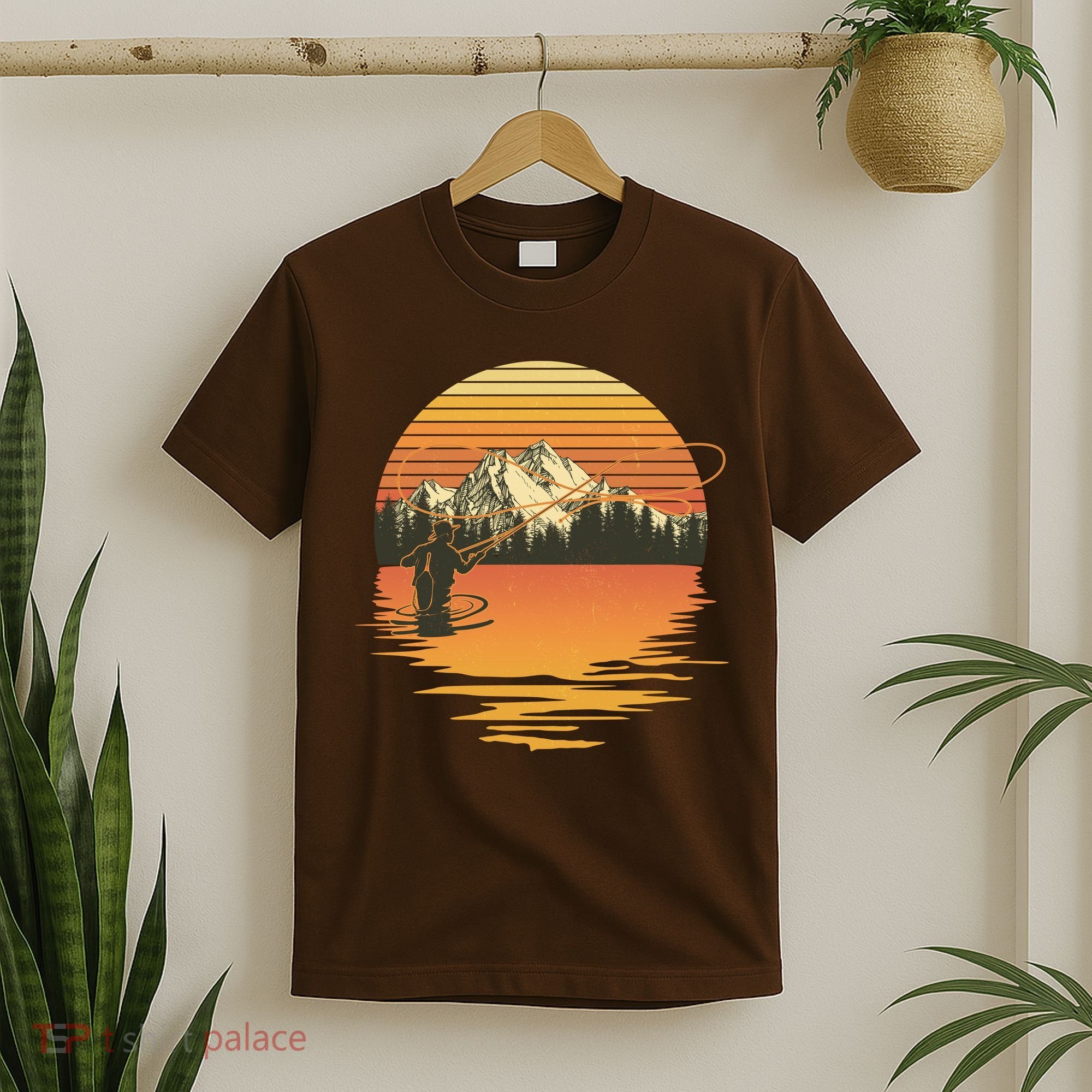 Retro Sunset Sunrise Fly Fisherman T-Shirt