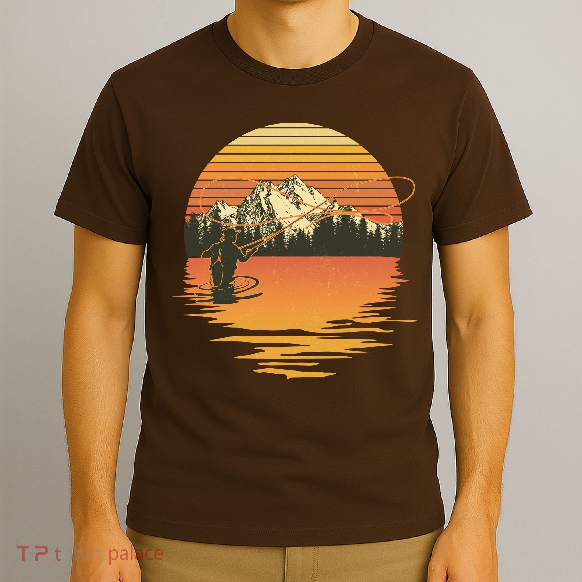 Retro Sunset Sunrise Fly Fisherman T-Shirt
