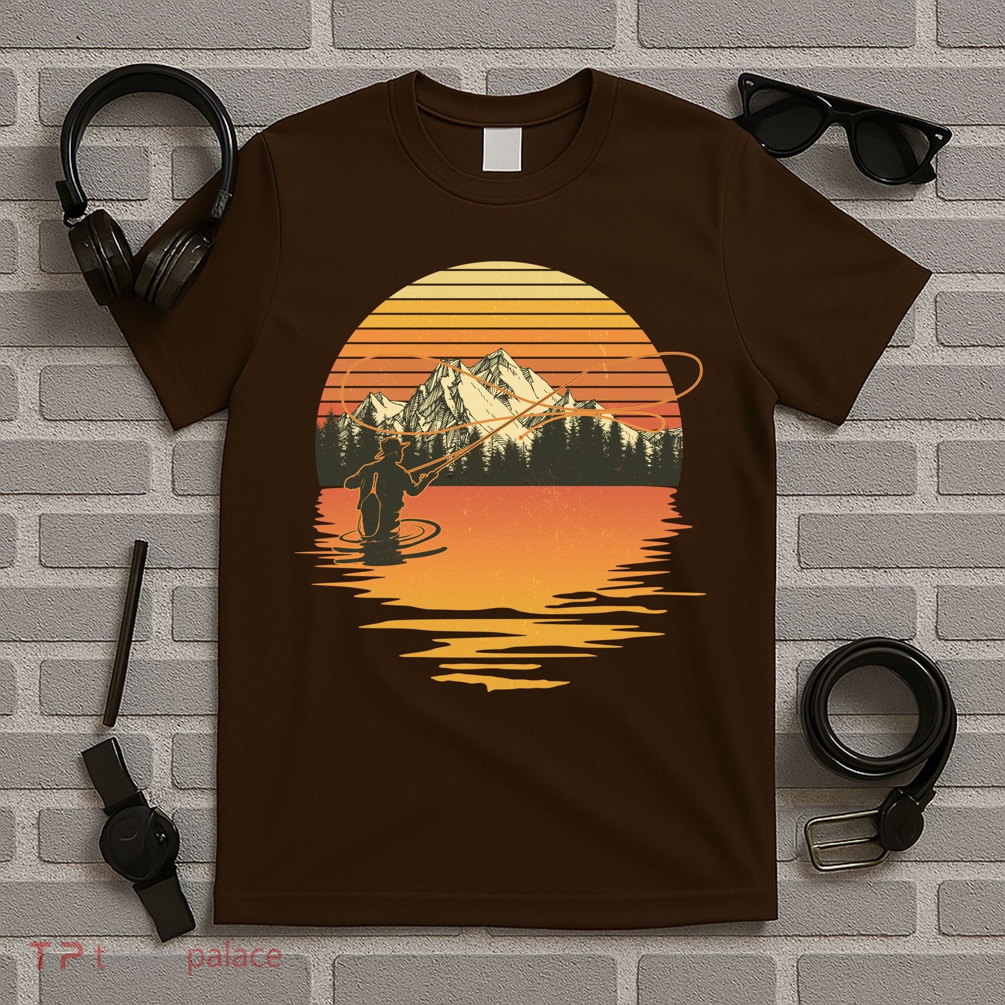 Retro Sunset Sunrise Fly Fisherman T-Shirt