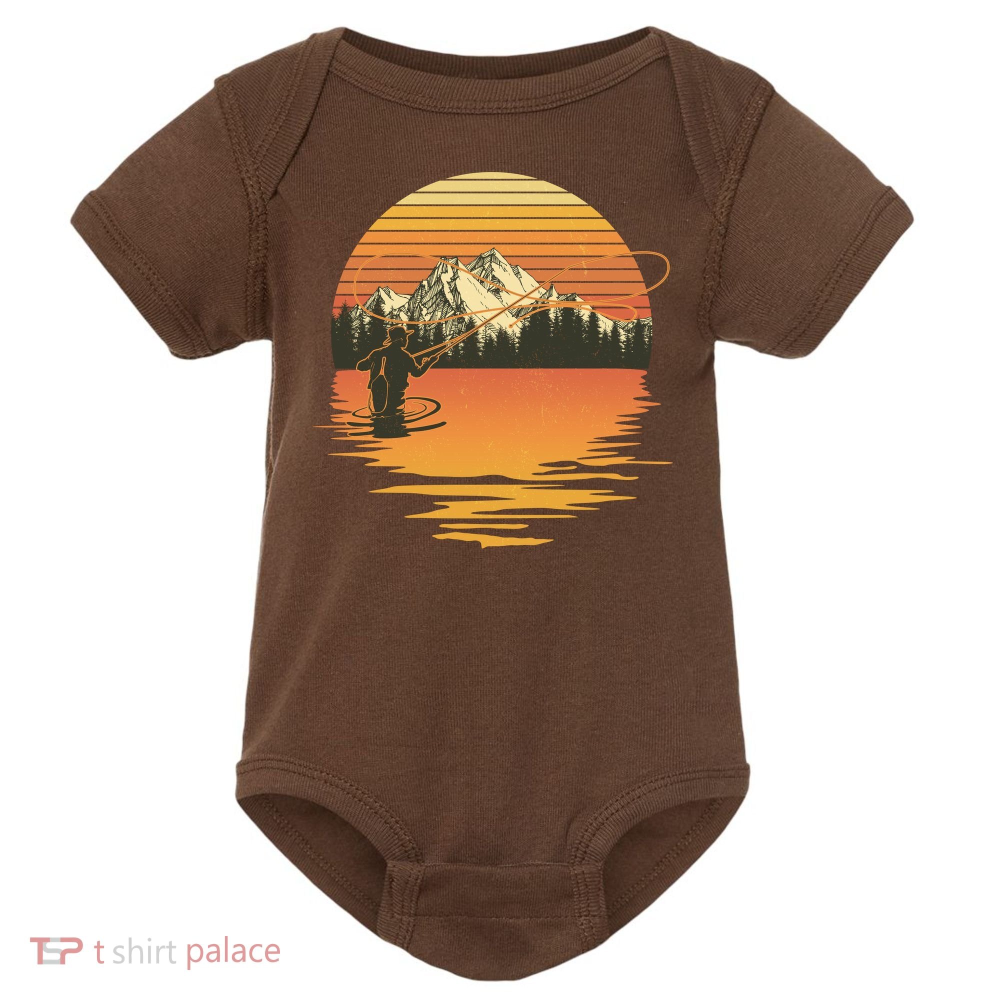 Retro Sunset Sunrise Fly Fisherman Baby Bodysuit
