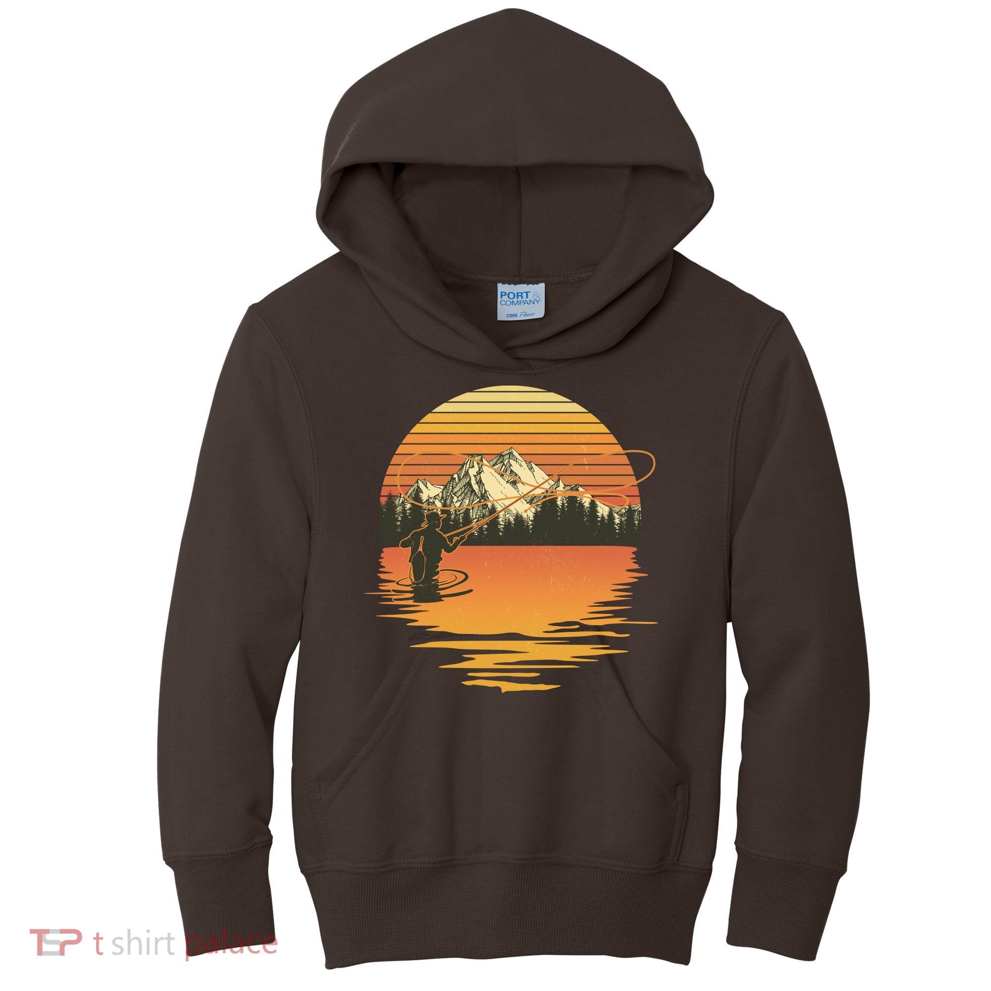 Retro Sunset Sunrise Fly Fisherman Kids Hoodie