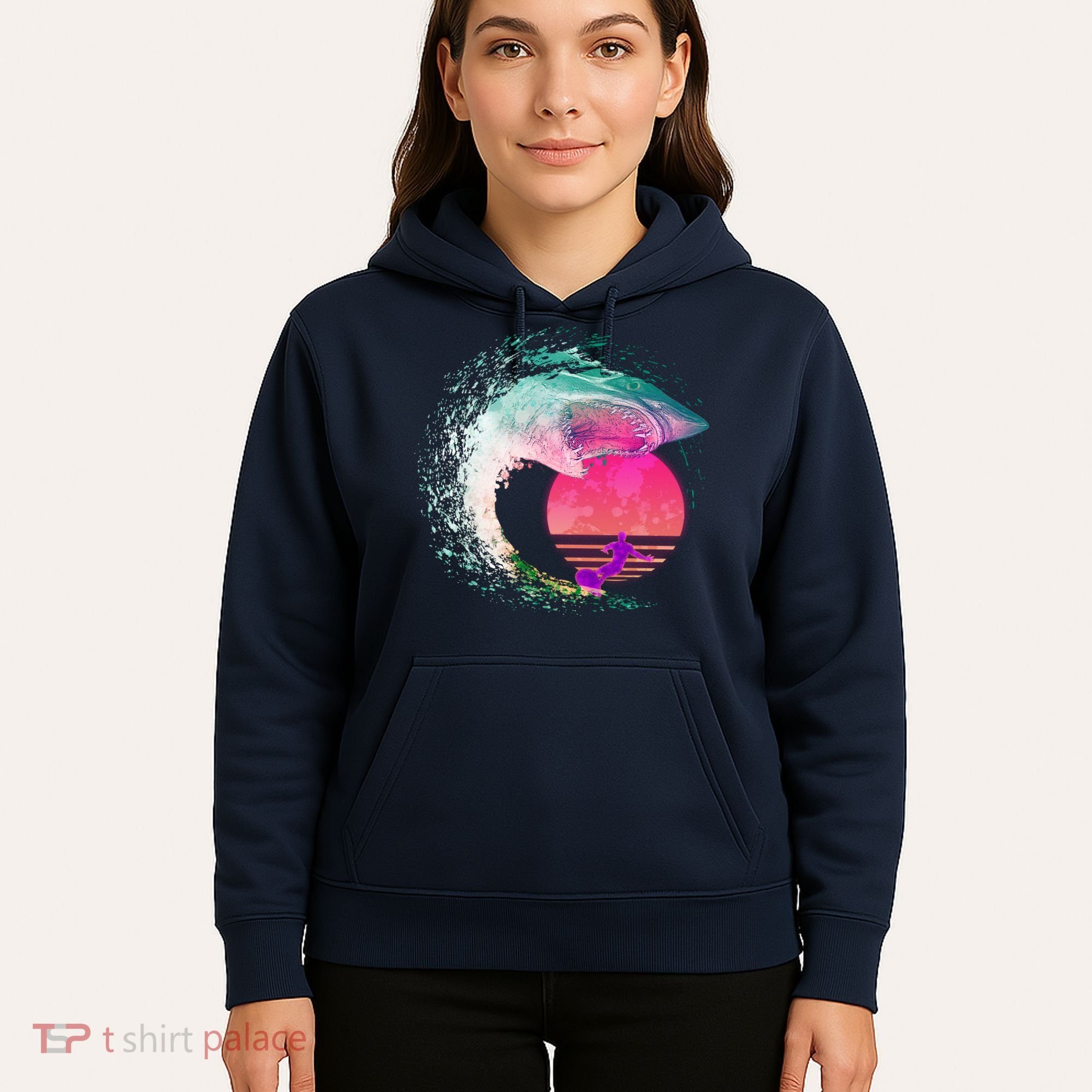 Retro Surfer Shark Wave Hoodie