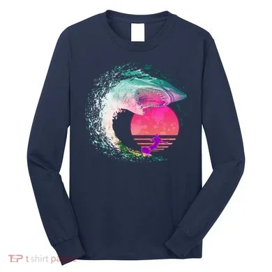Retro Surfer Shark Wave Long Sleeve Shirt