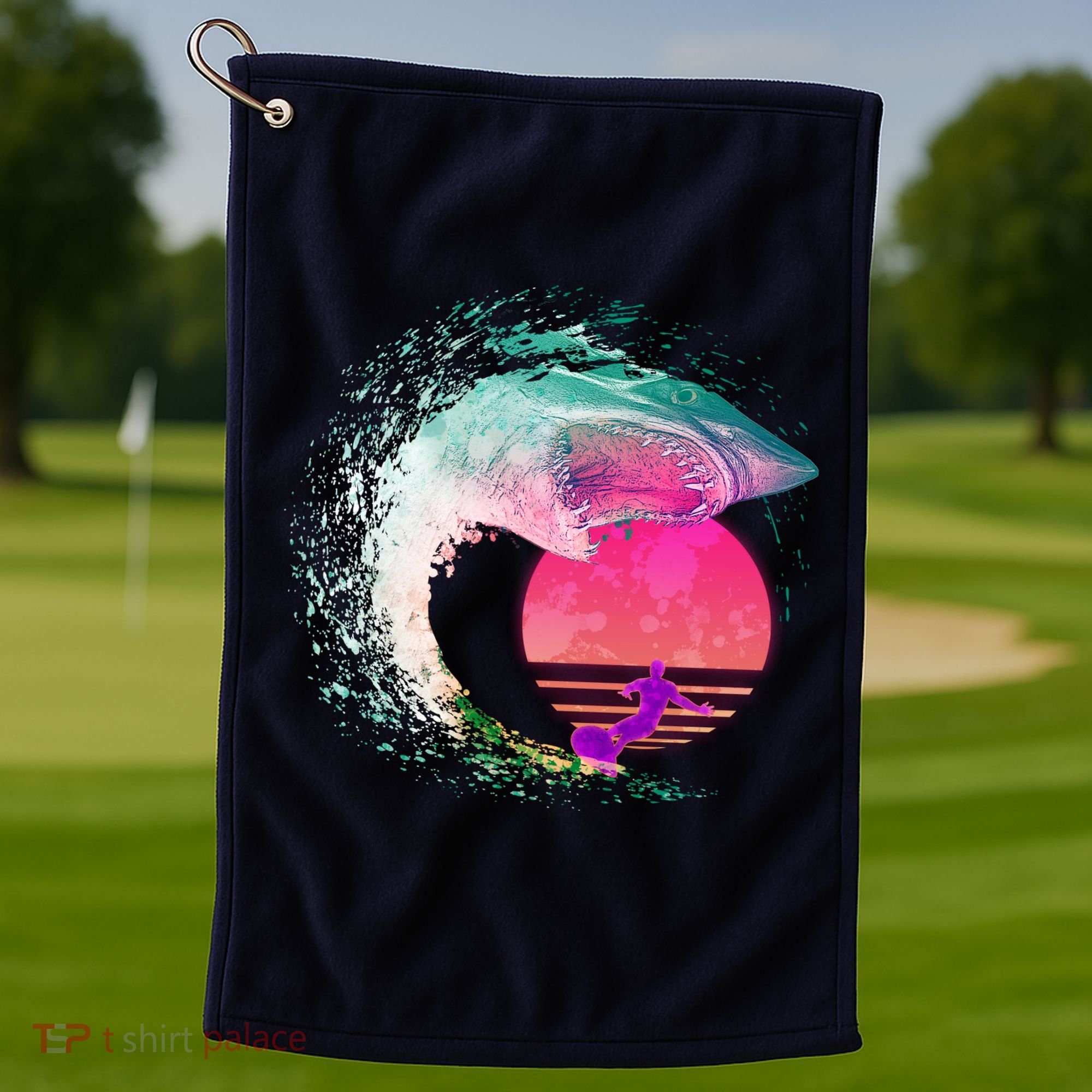 Retro Surfer Shark Wave Golf Towel