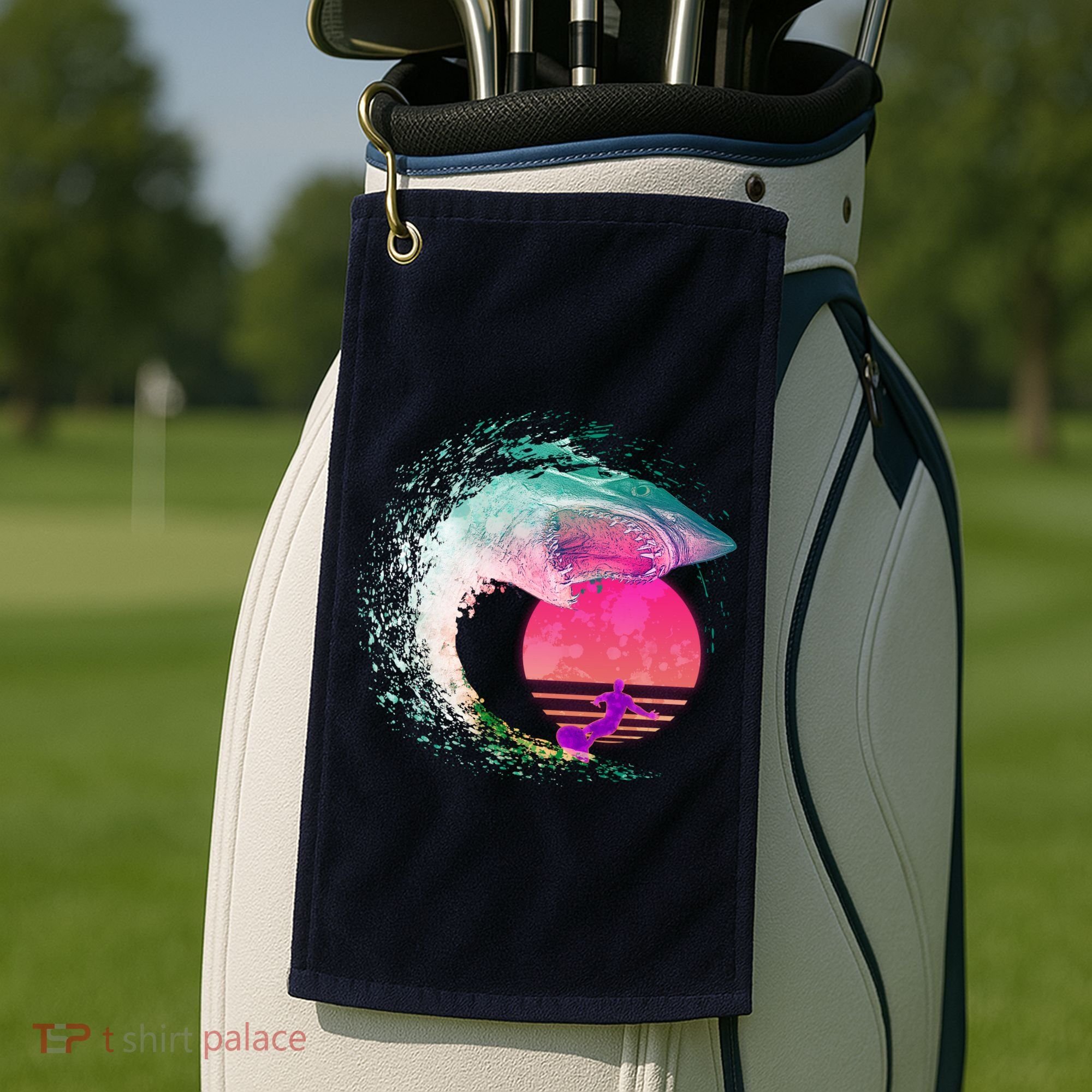 Retro Surfer Shark Wave Golf Towel